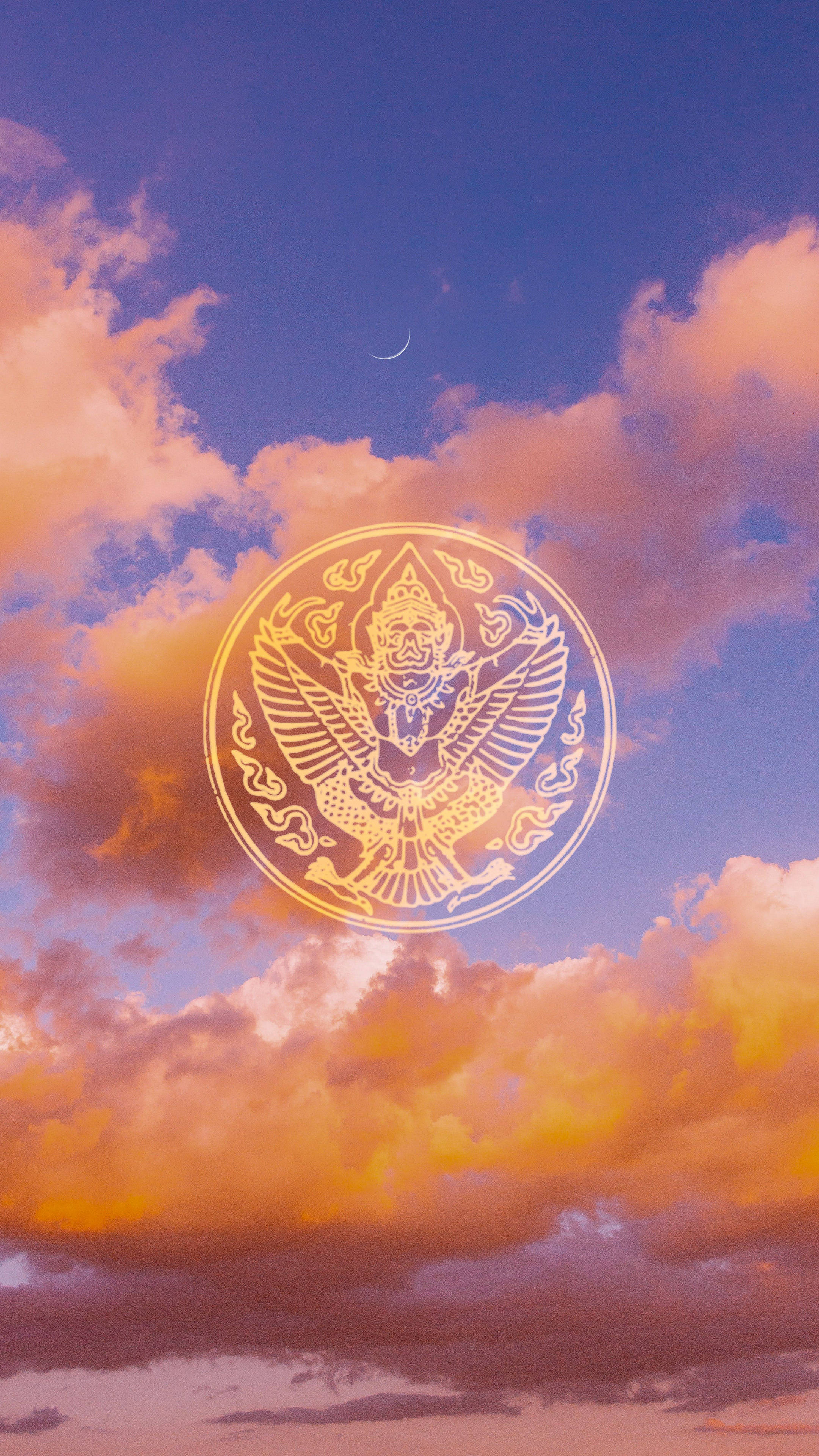 Garuda, glowing golden Garuda emblem, twilight sky, 4K Phone Wallpaper