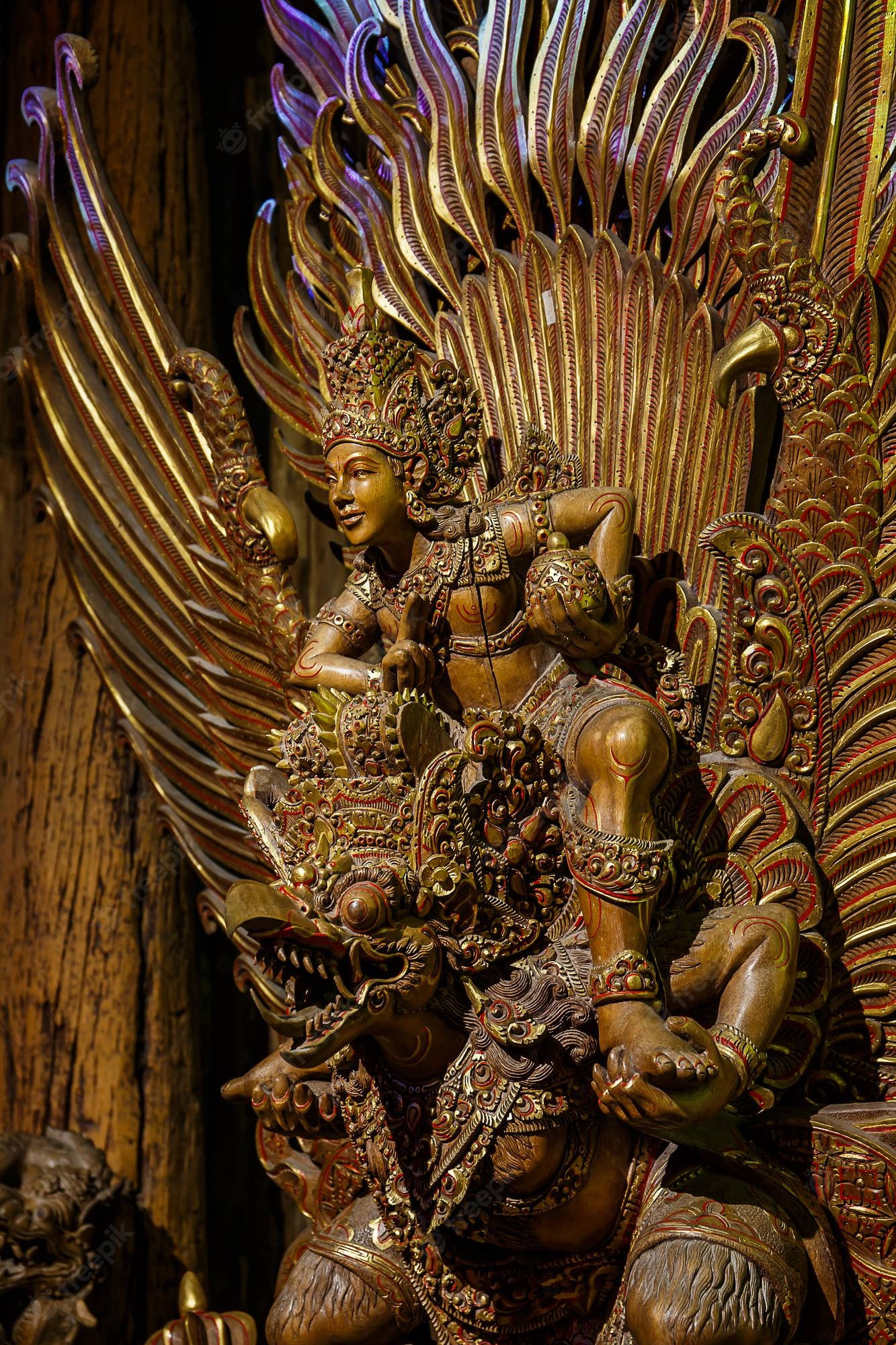 Garuda, golden ornate statue, winged deity, Full HD Phone Wallpaper