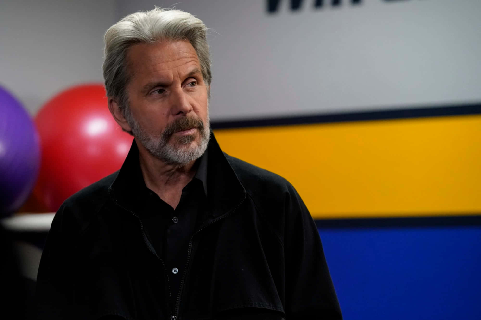 Gary Cole, black jacket, colorful balloons, Full HD Desktop Wallpaper