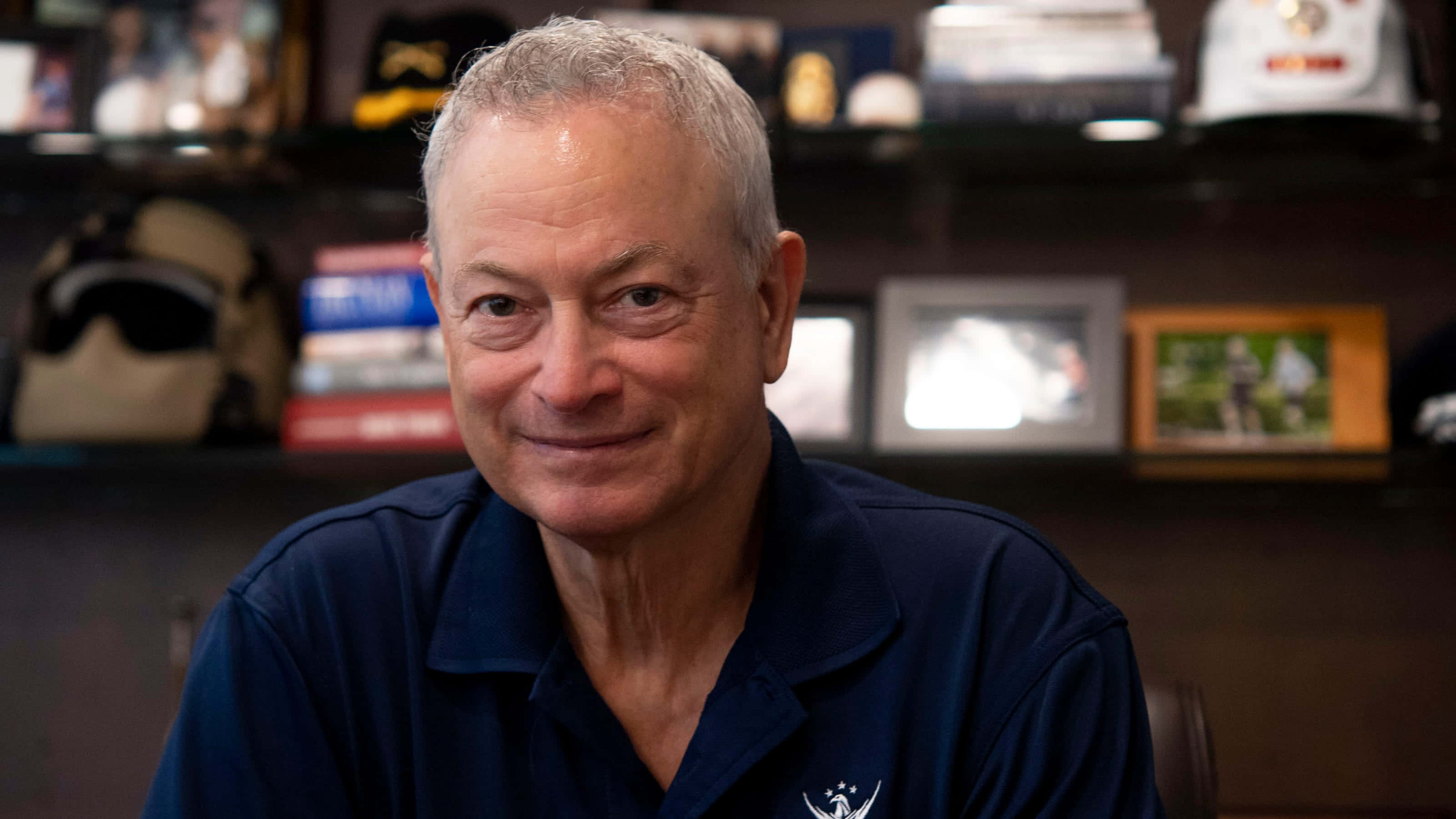 Gary Sinise, office setting, dark shelf, 2K Desktop Wallpaper