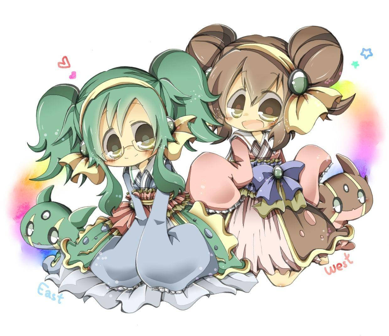 Gastrodon, chibi anime girls, green and brown hair, SD Desktop Wallpaper