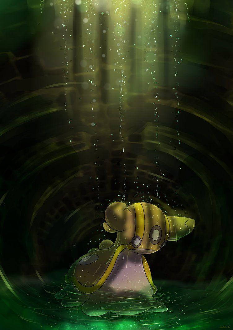 Gastrodon, dark green underwater tunnel, glowing yellow, SD Phone Wallpaper