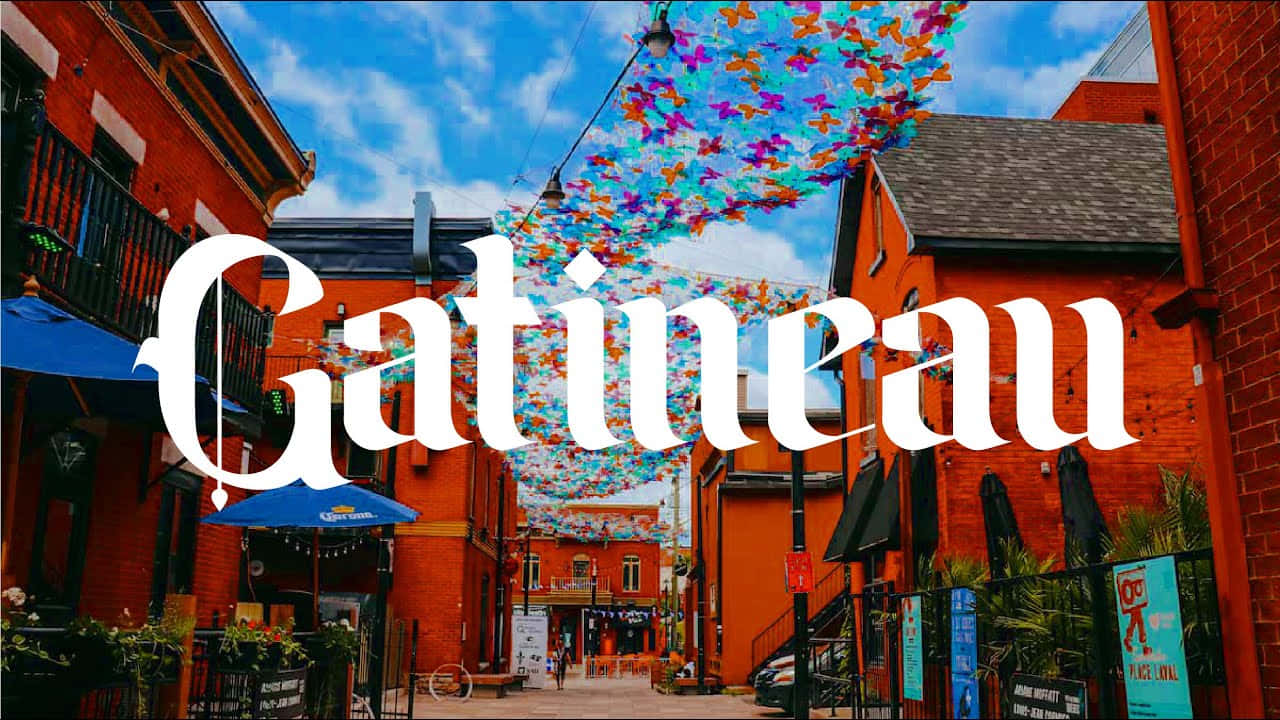 Gatineau skyline, vibrant red brick buildings, colorful butterfly-shaped lights, HD Desktop Wallpaper
