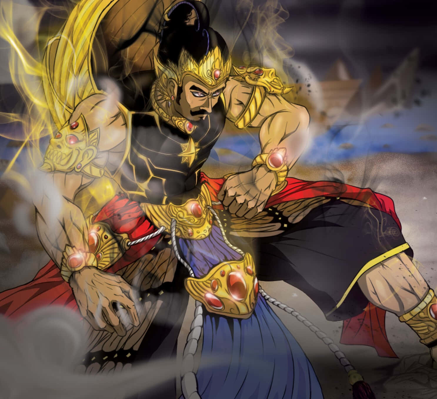 Gatotkaca, golden armor, red cape, HD Desktop Wallpaper