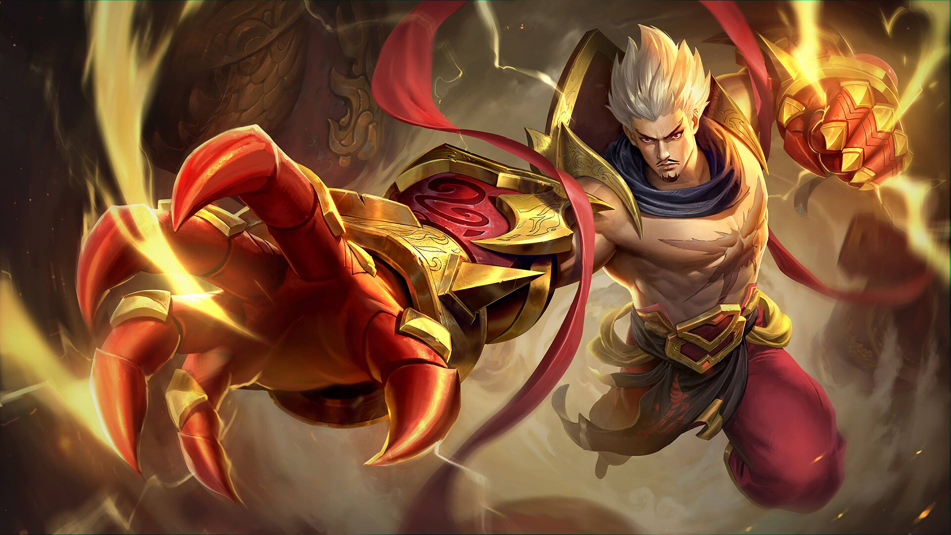 Gatotkaca, white hair, fiery golden crab claw, 4K Desktop Wallpaper