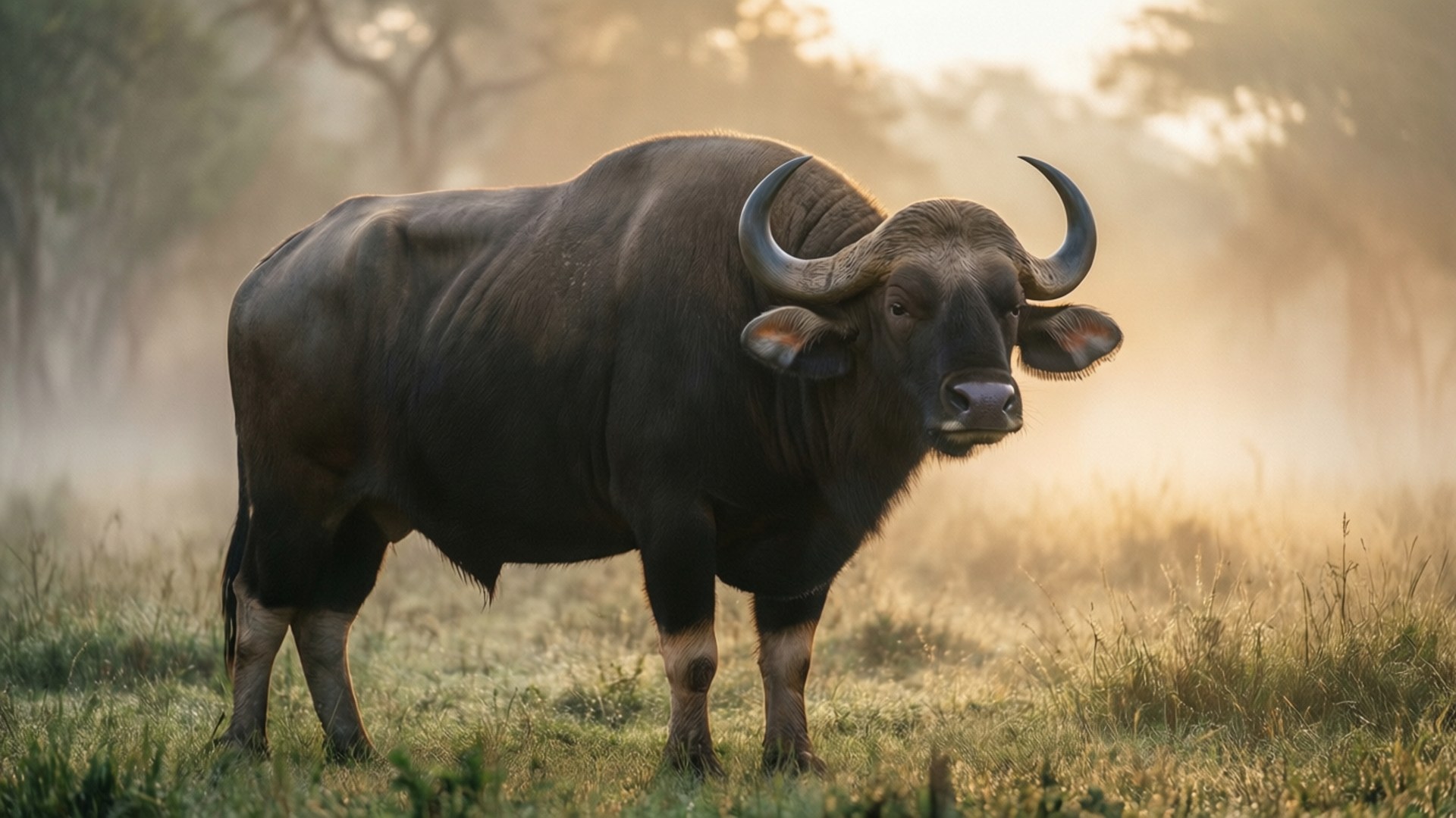Misty Meadow Gaur, dawn, foggy grassland, Full HD Desktop Wallpaper