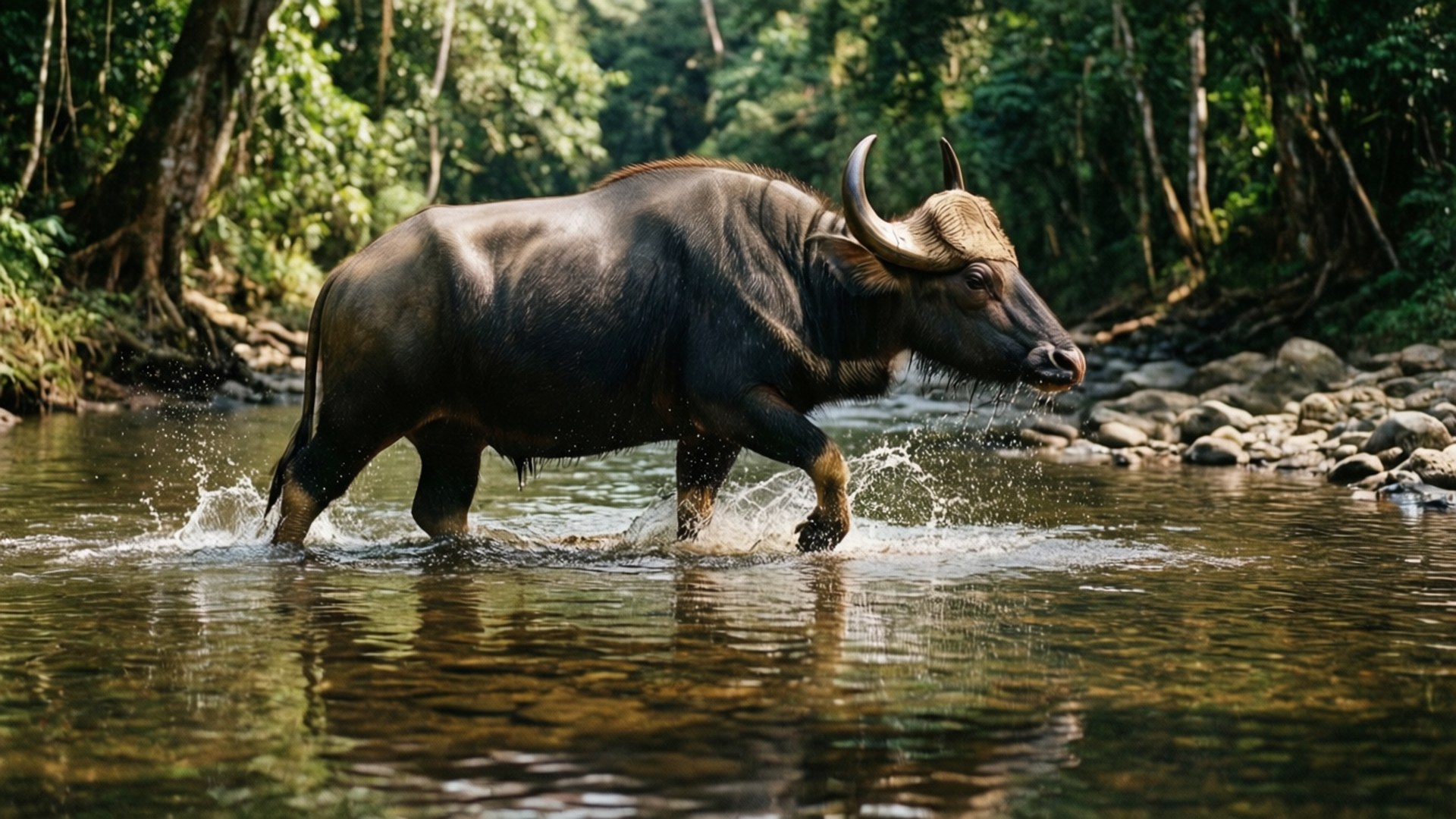 Gaur, River Crossing, tropical forest, Full HD Desktop Wallpaper