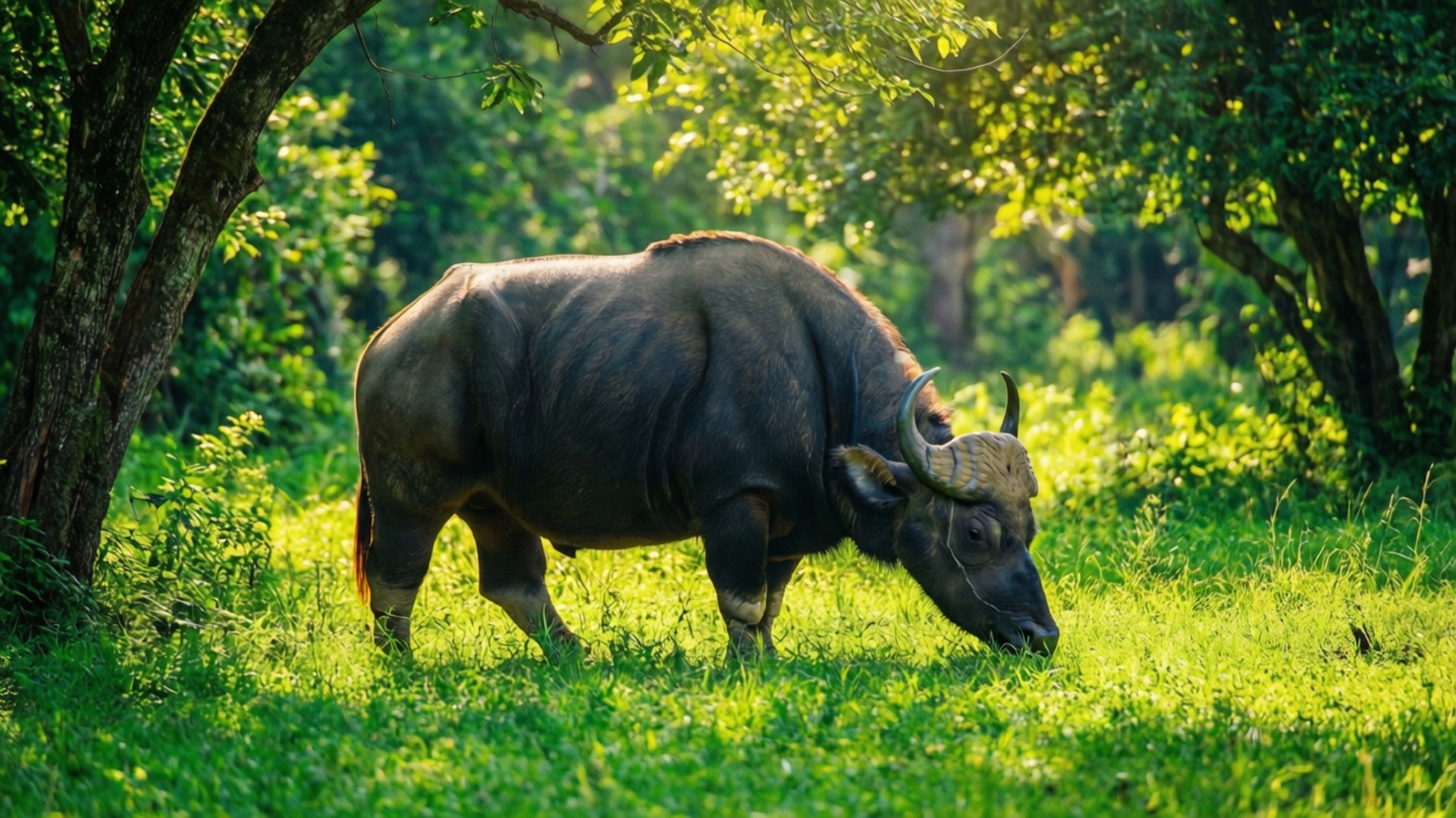 gaur, sunlit green field, Full HD Desktop Wallpaper