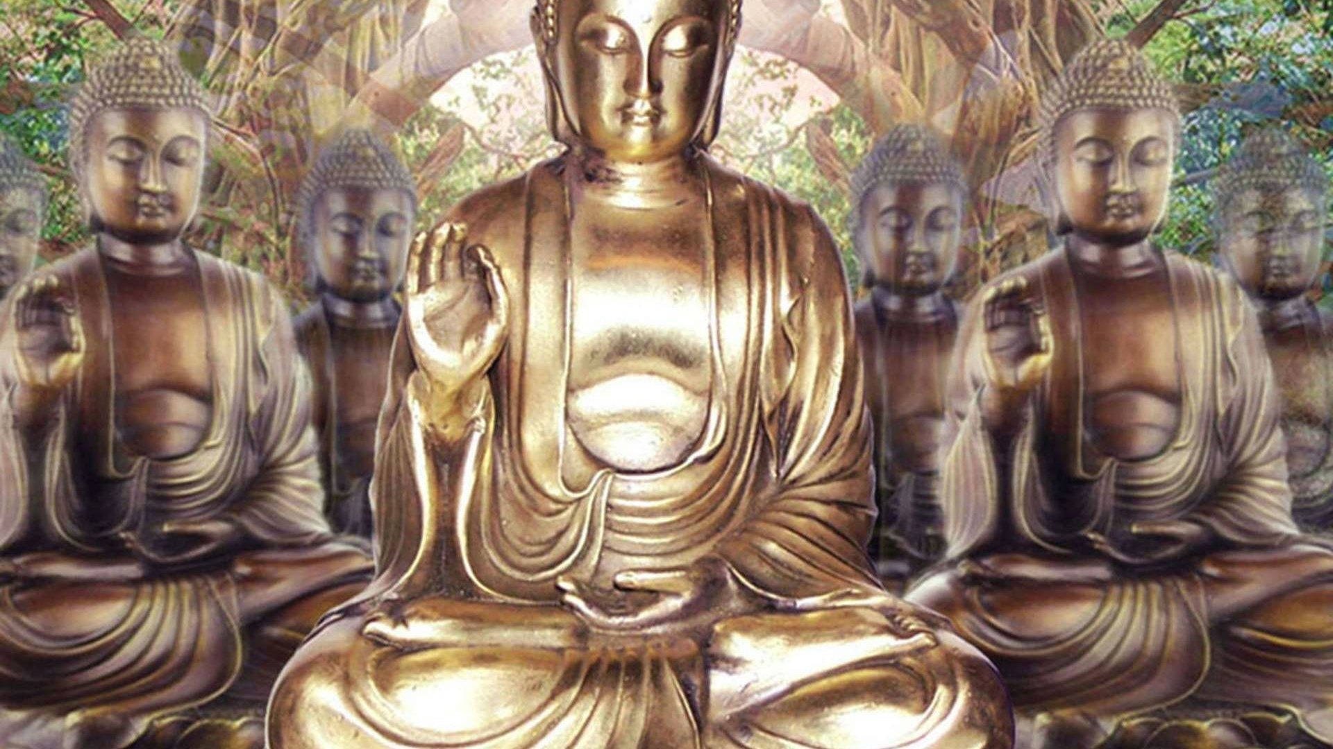 Gautam Buddha, shiny gold statues, lush green trees, Full HD Desktop Wallpaper