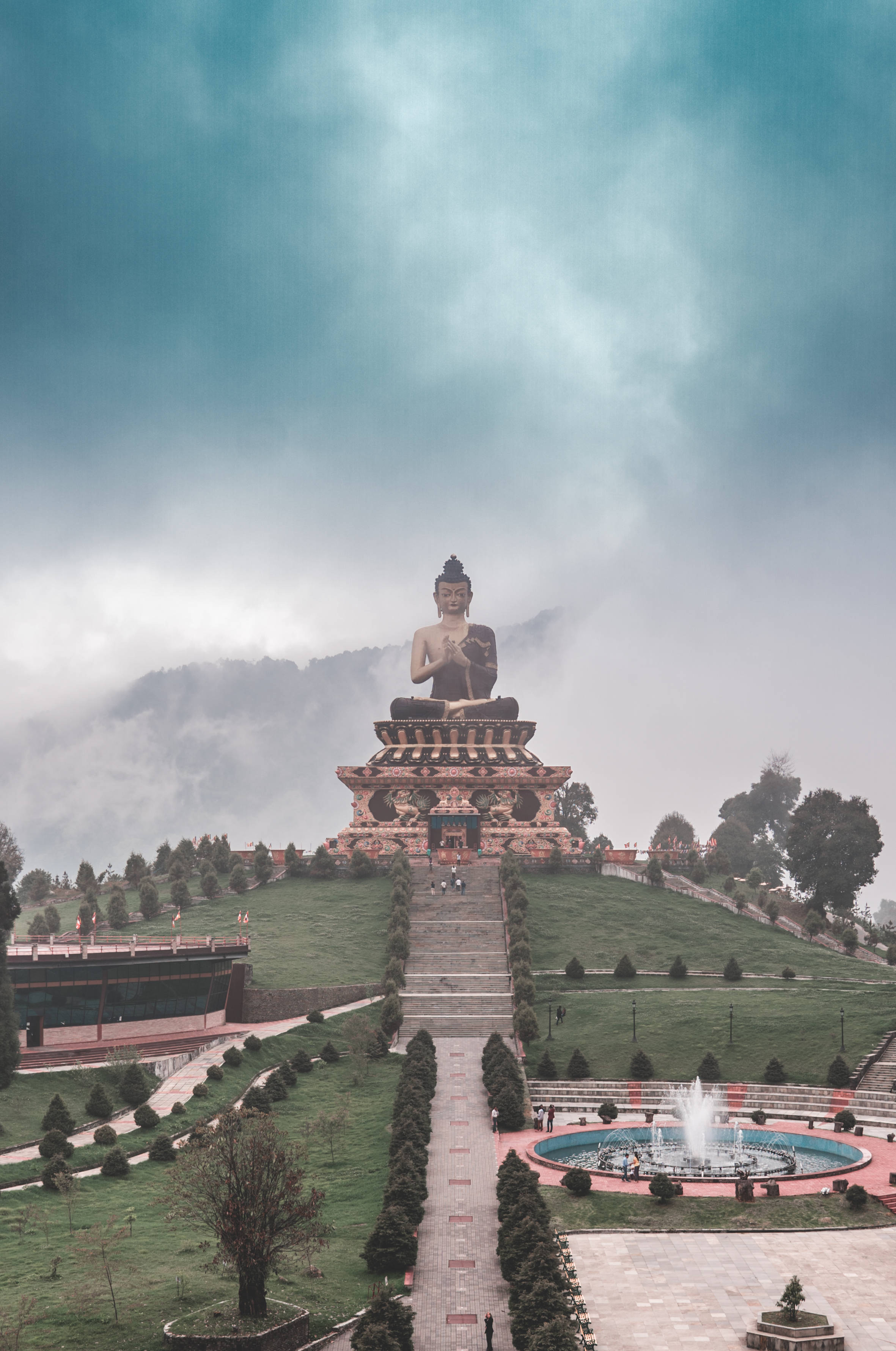 Gautam Buddha, hill, misty mountains, 2K Phone Wallpaper