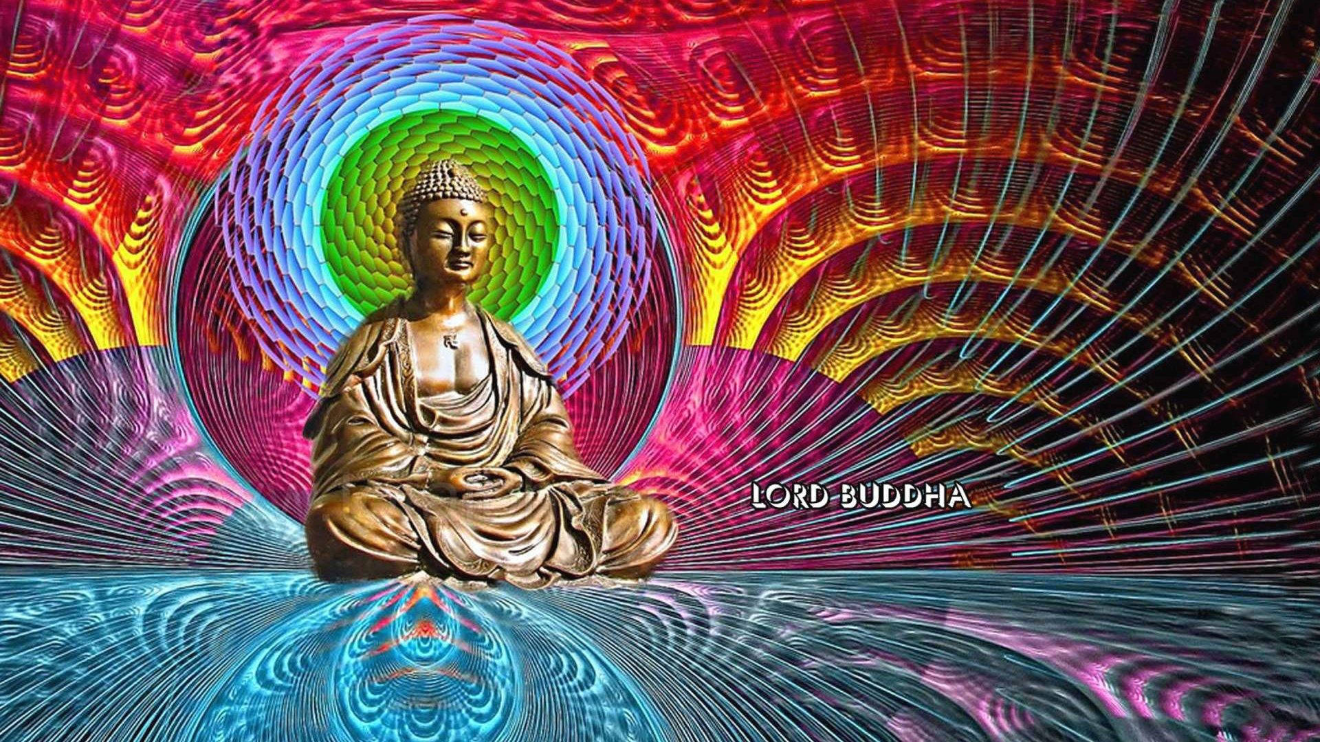 Gautam Buddha, gold statue, psychedelic rainbow vortex, Full HD Desktop Wallpaper