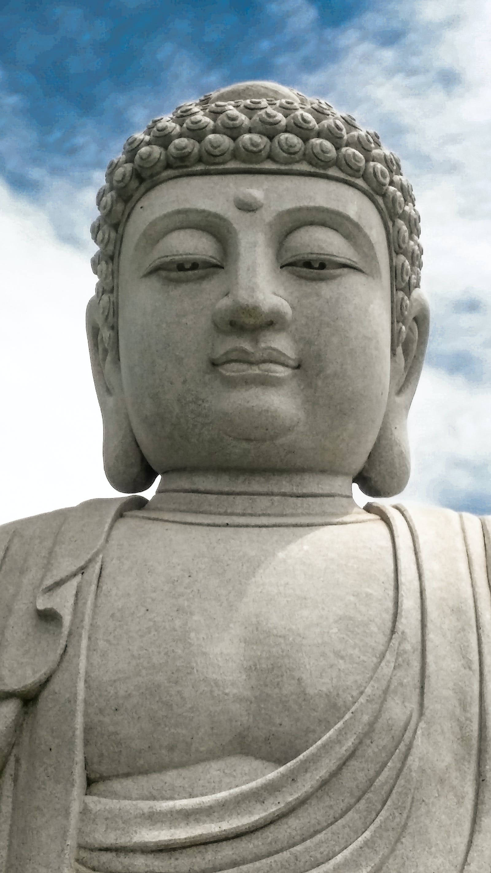 Gautam Buddha, cement statue, curly hair, 2K Phone Wallpaper