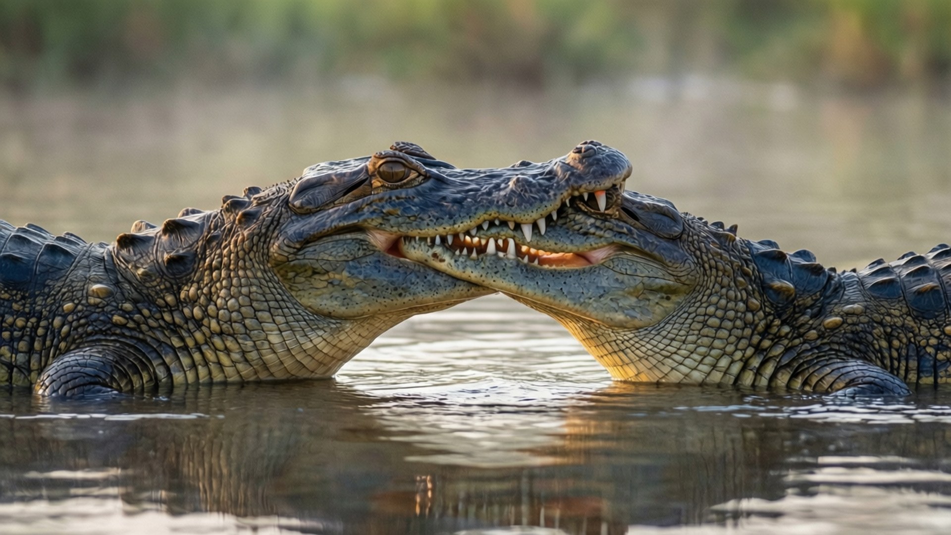 mating gharials, shallow water, dawn, Full HD Desktop Wallpaper