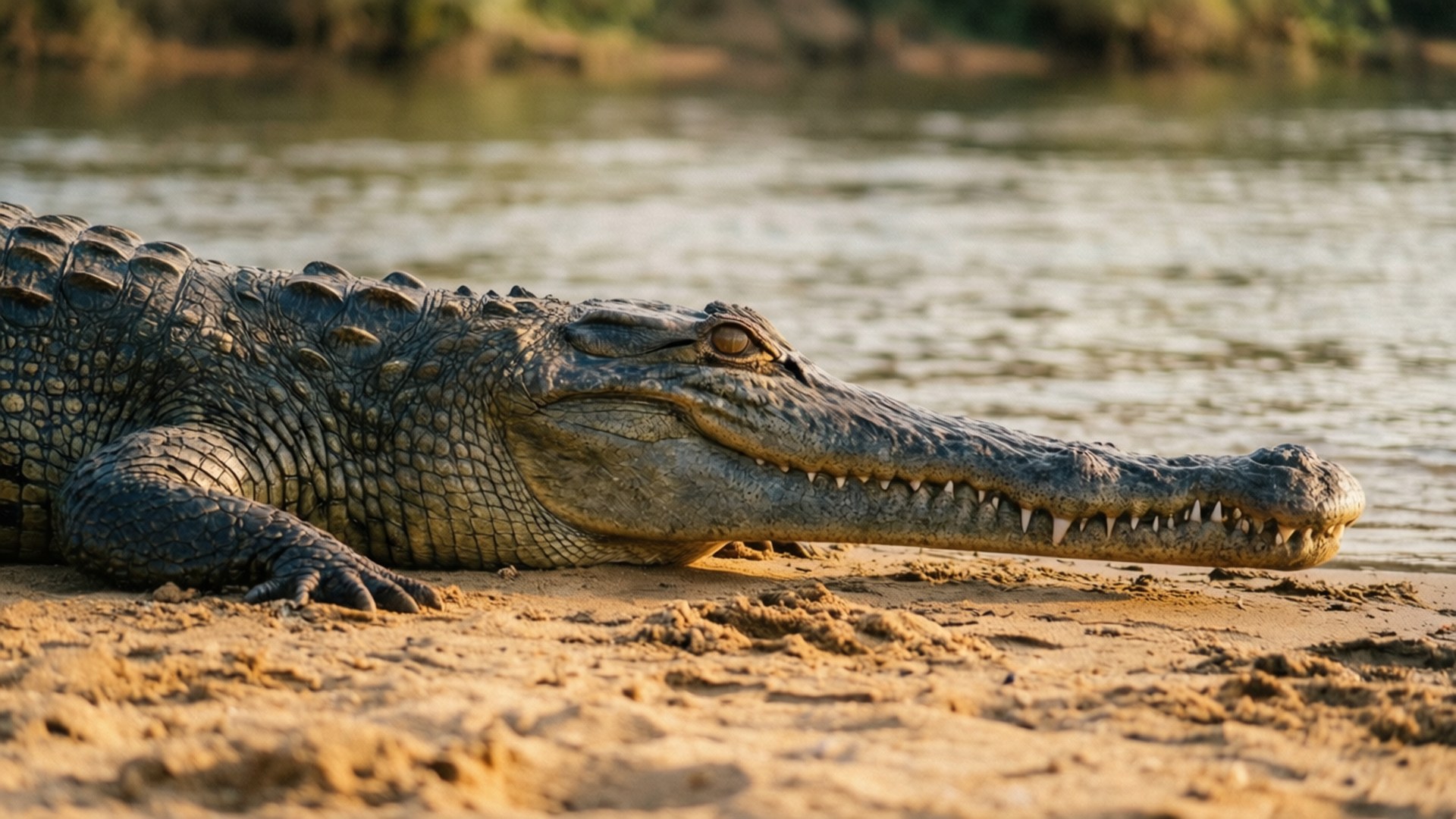 gharial, sandy riverbank, golden hour, Full HD Desktop Wallpaper