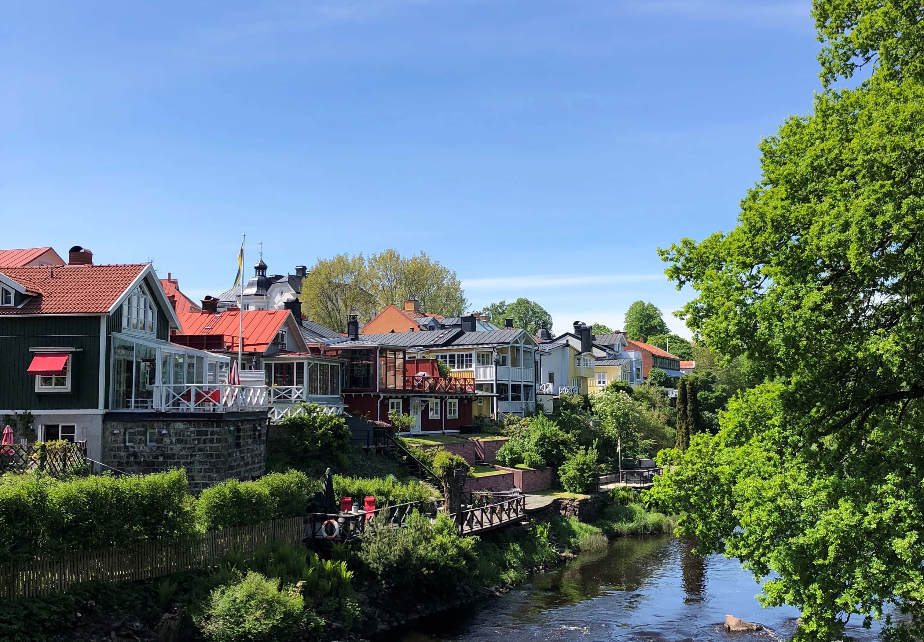 Gävle, riverfront, traditional Swedish houses, 2K Desktop Wallpaper