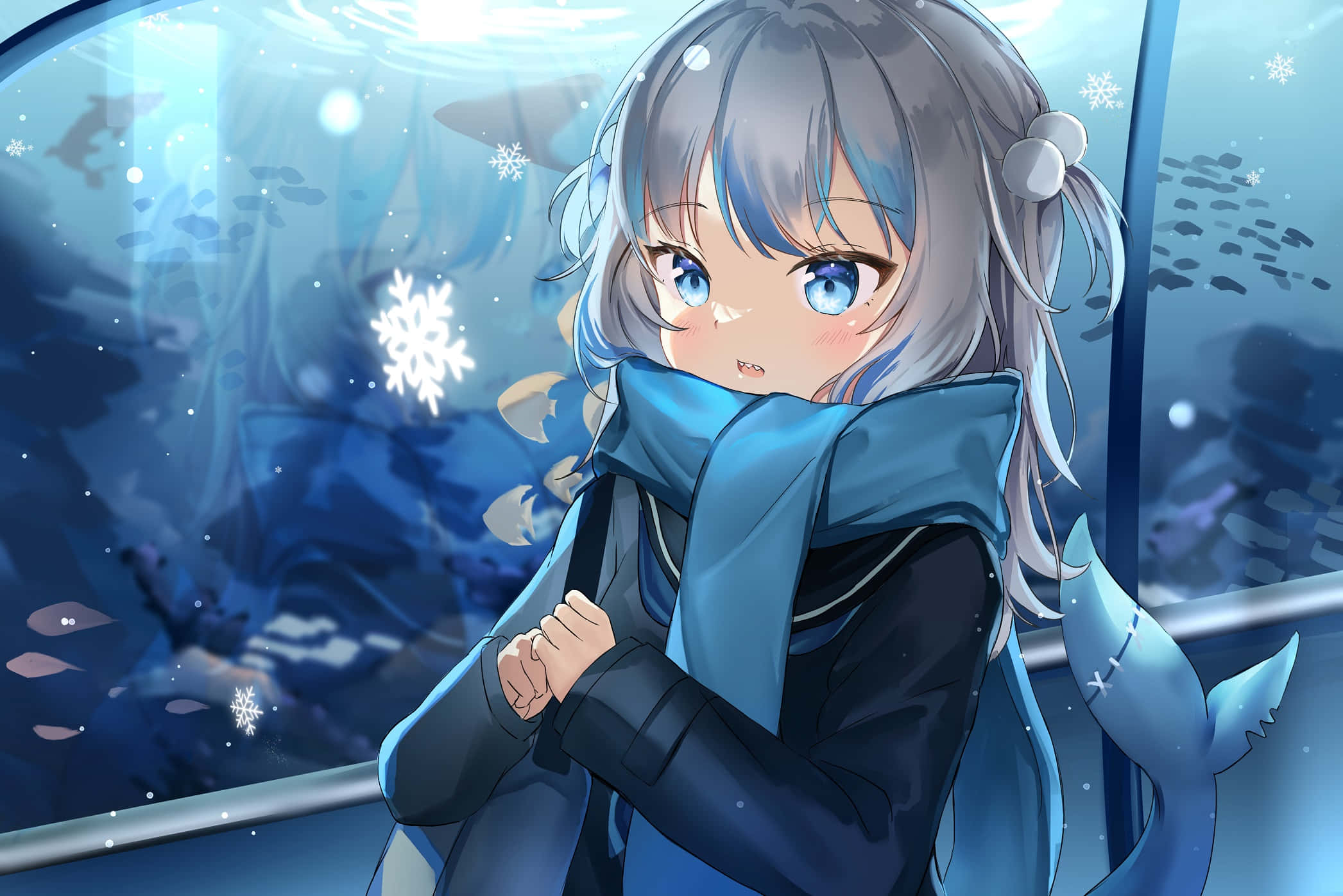 Gawr Gura, anime style, underwater scene, Full HD Desktop Wallpaper