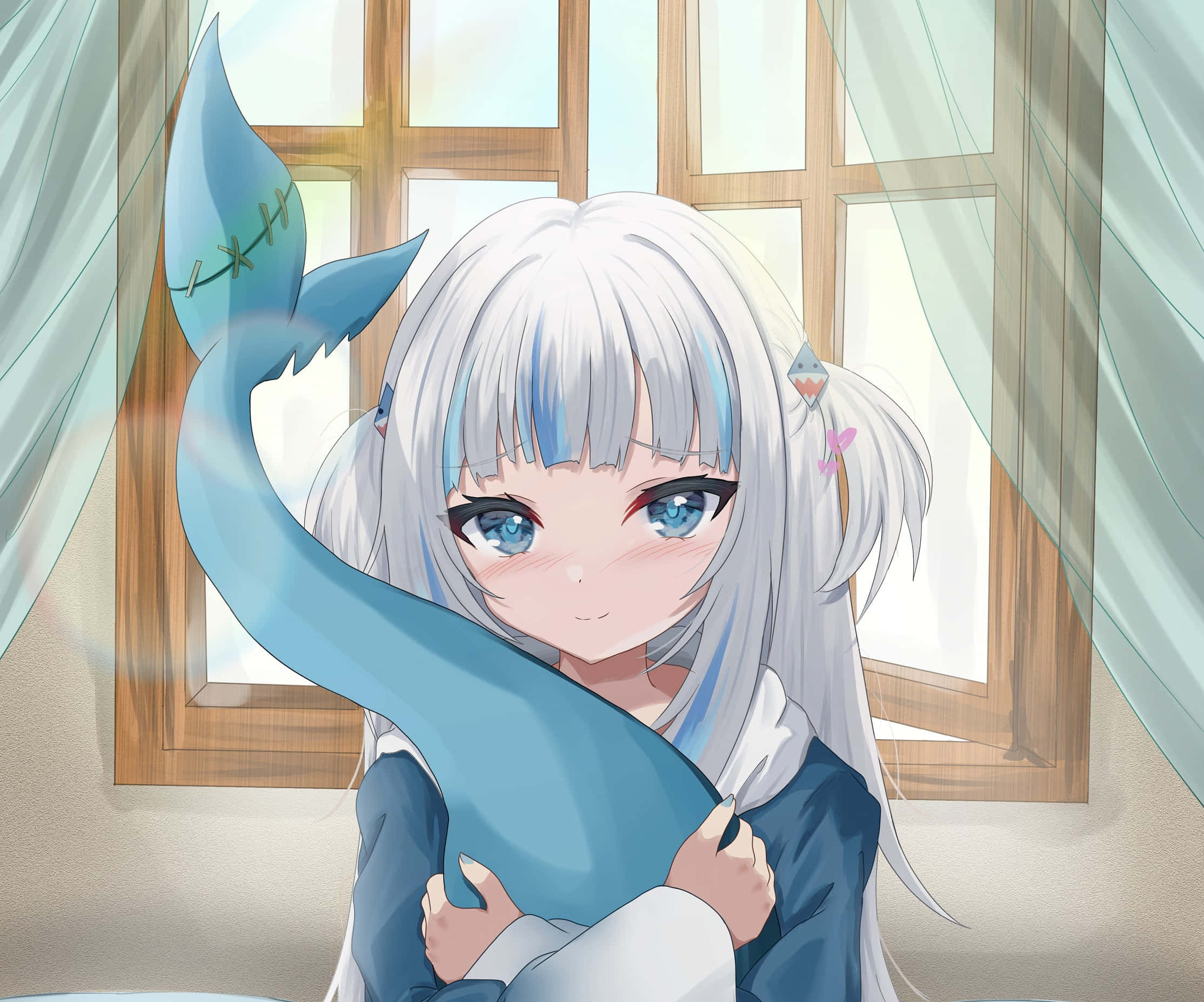 Gawr Gura, anime style, silver hair, Full HD Desktop Wallpaper