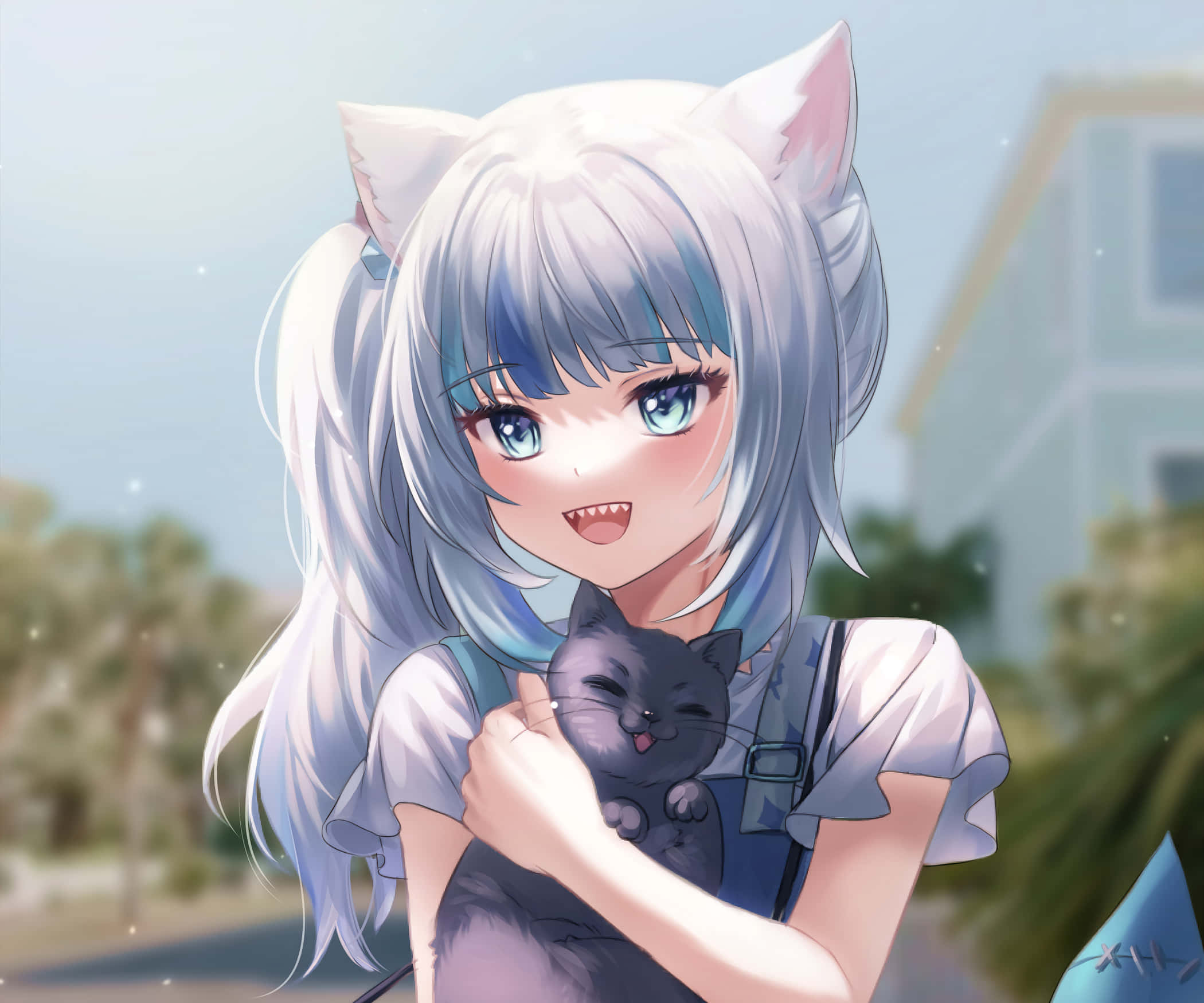 Gawr Gura, anime style, cat ears, Full HD Desktop Wallpaper