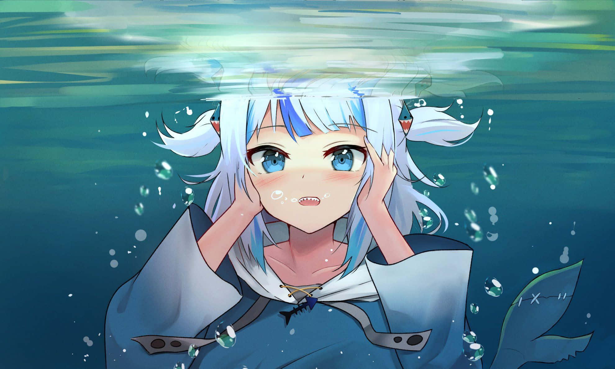 Gawr Gura, blue-haired, mermaid tail, Full HD Desktop Wallpaper