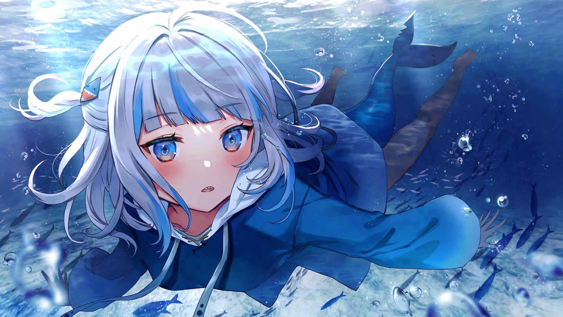 Gawr Gura, silver-haired, blue eyes, Full HD Desktop Wallpaper