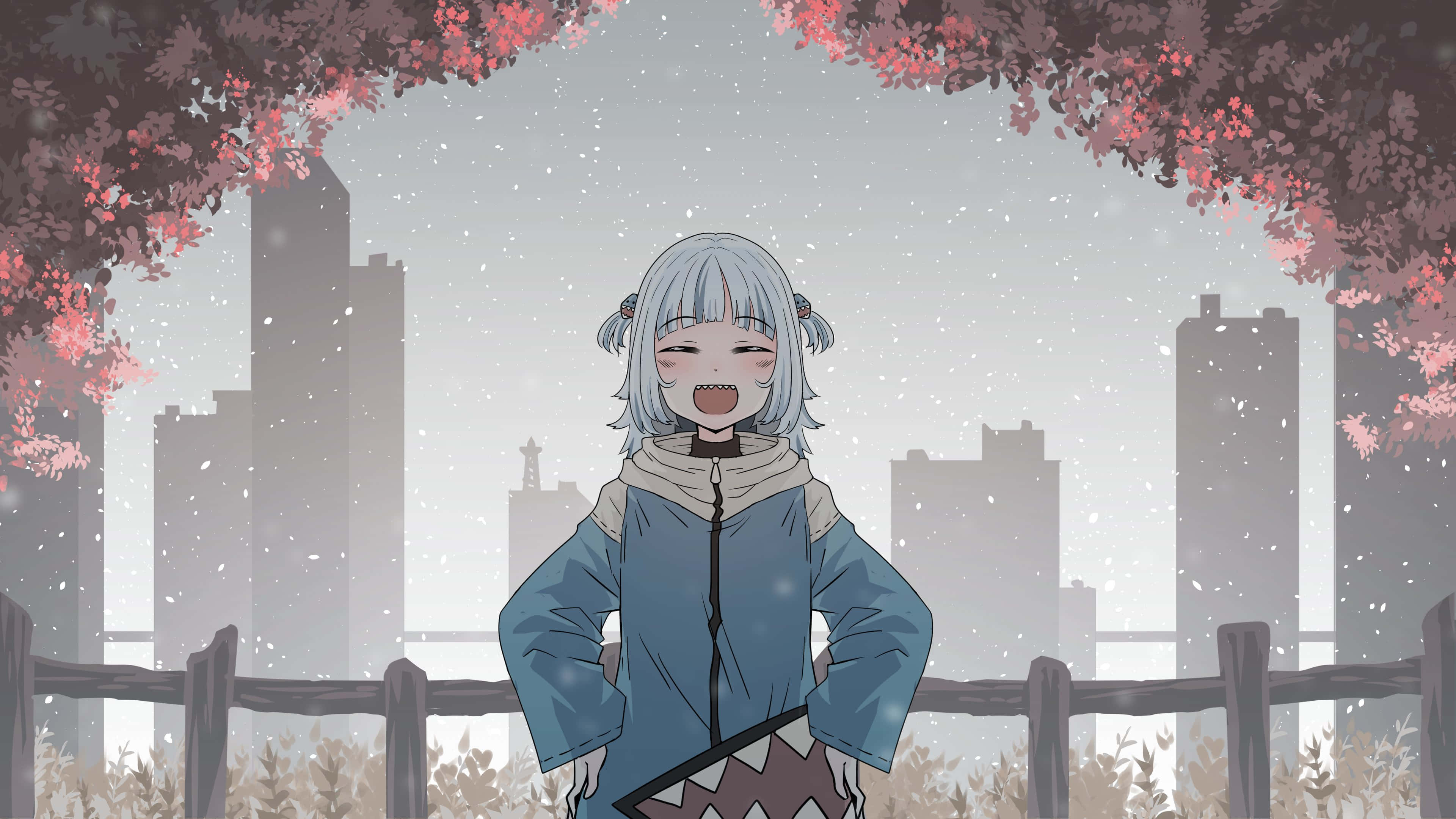 Gawr Gura, cherry blossom park, silver hair, 4K Desktop Wallpaper