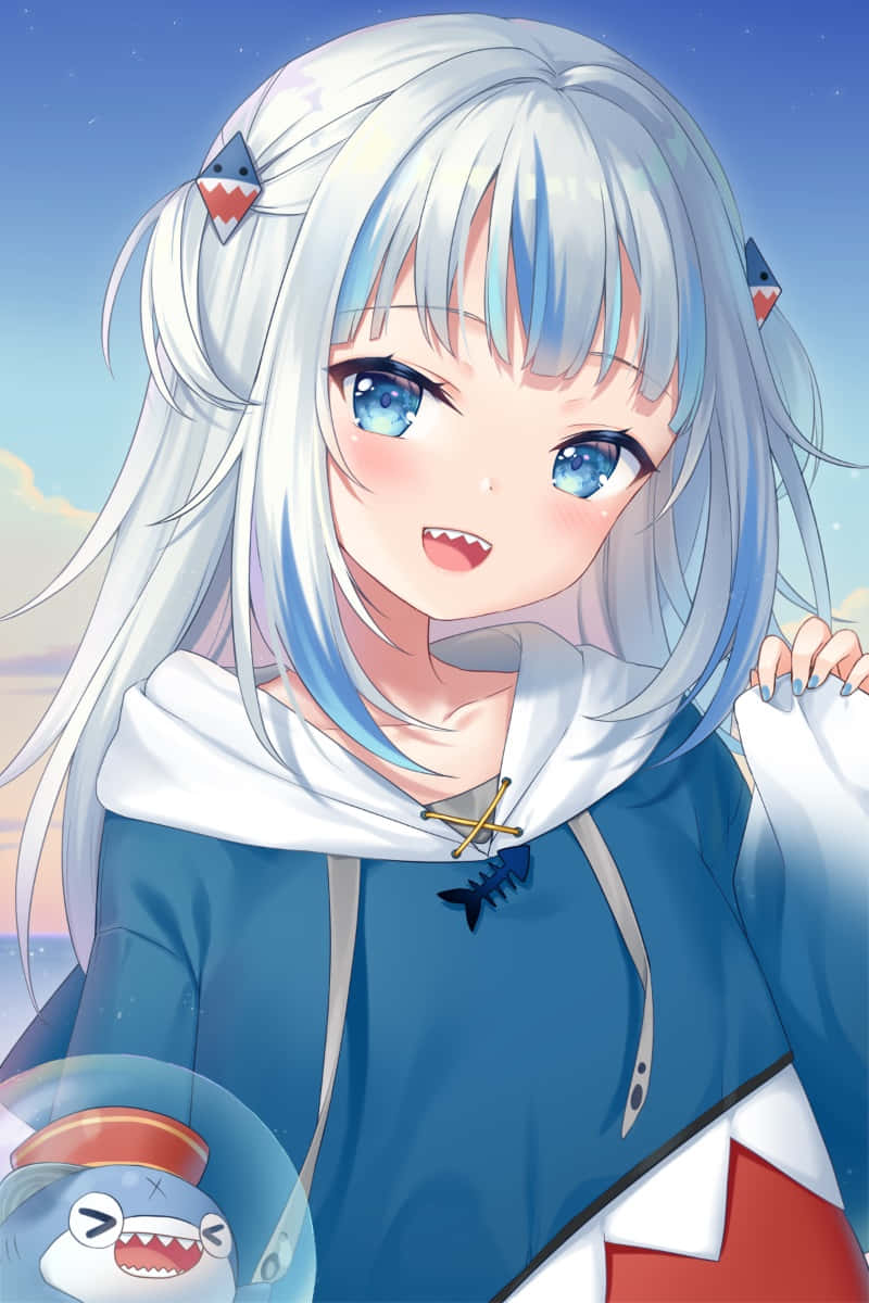 Gawr Gura, anime style, silver-blue hair, SD Phone Wallpaper