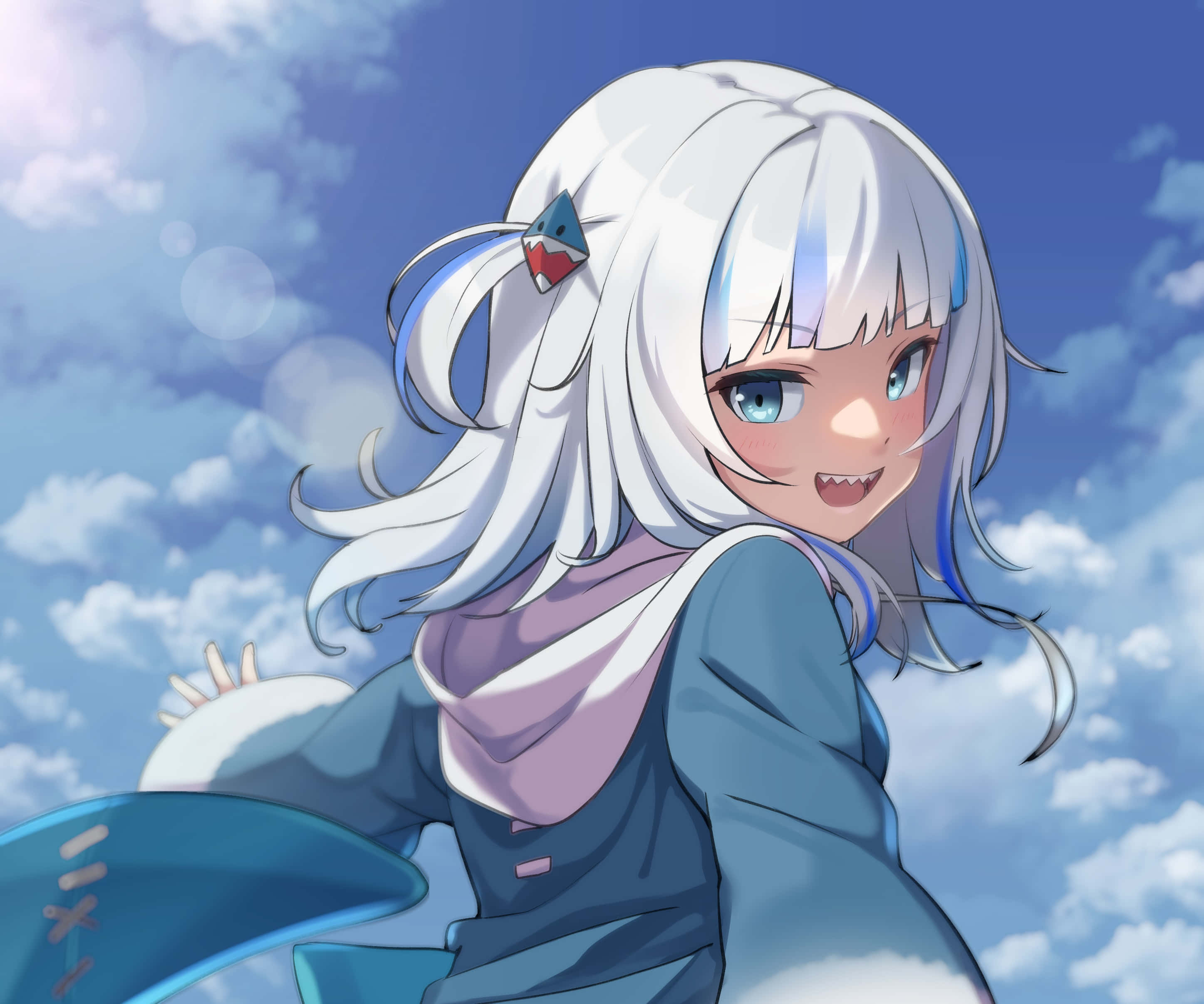 Gawr Gura, anime style, white and blue hair, 2K Desktop Wallpaper
