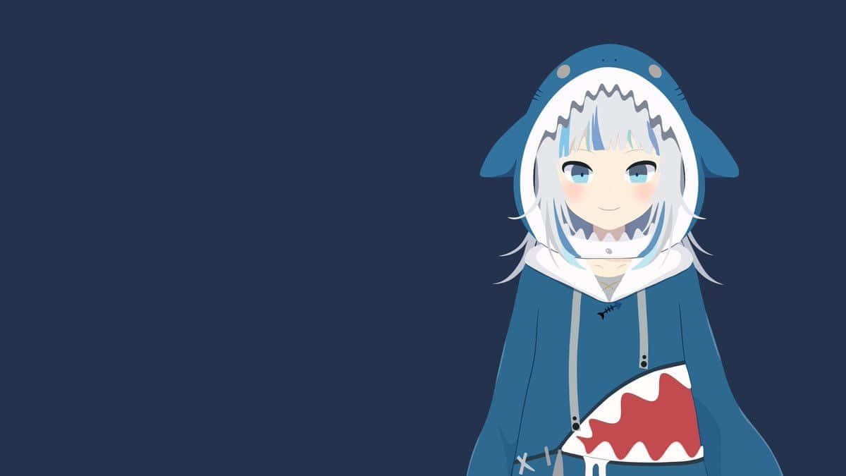 Gawr Gura, silver hair, blue shark-themed hoodie, SD Desktop Wallpaper