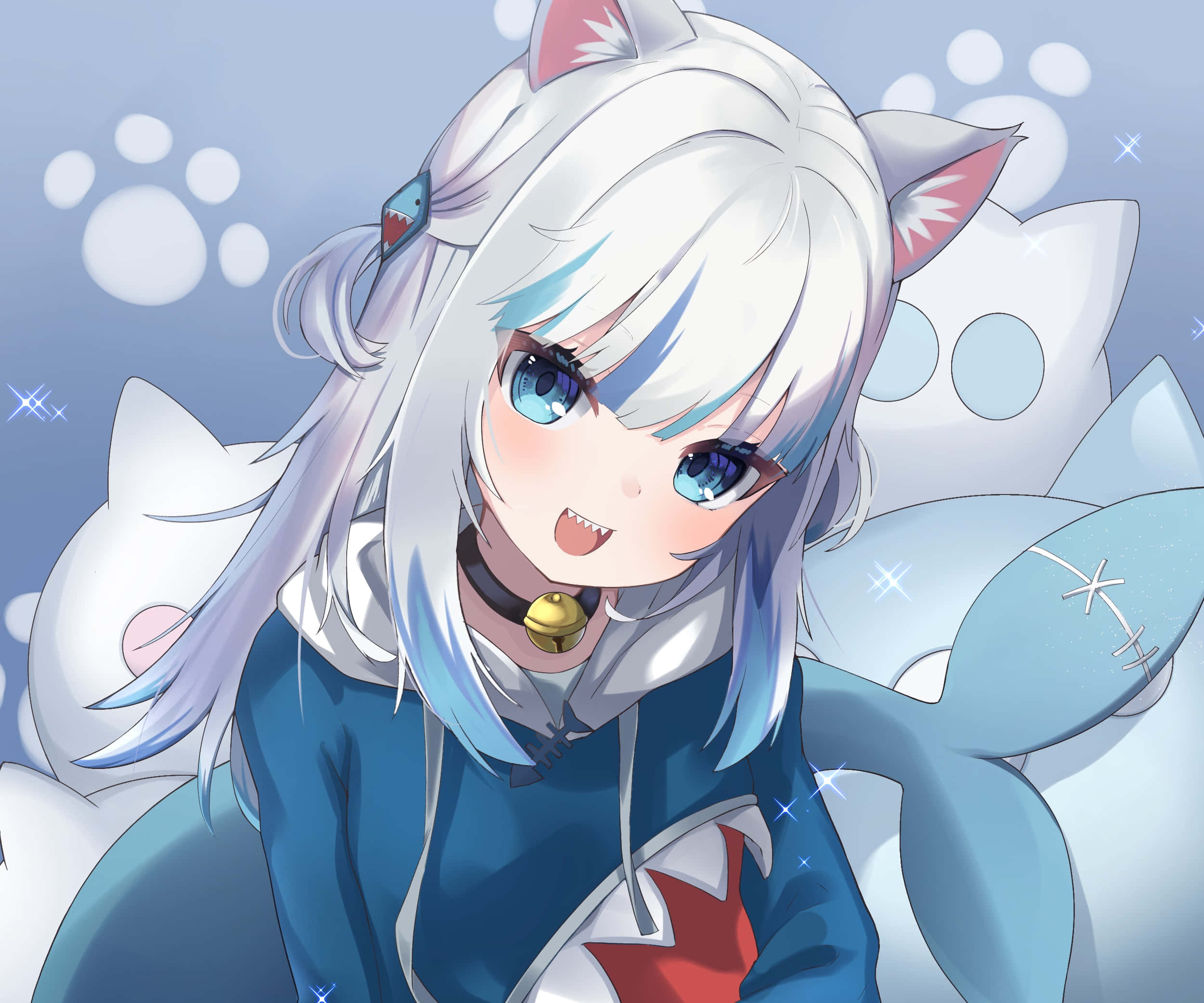 Gawr Gura, anime style, white hair, Full HD Desktop Wallpaper