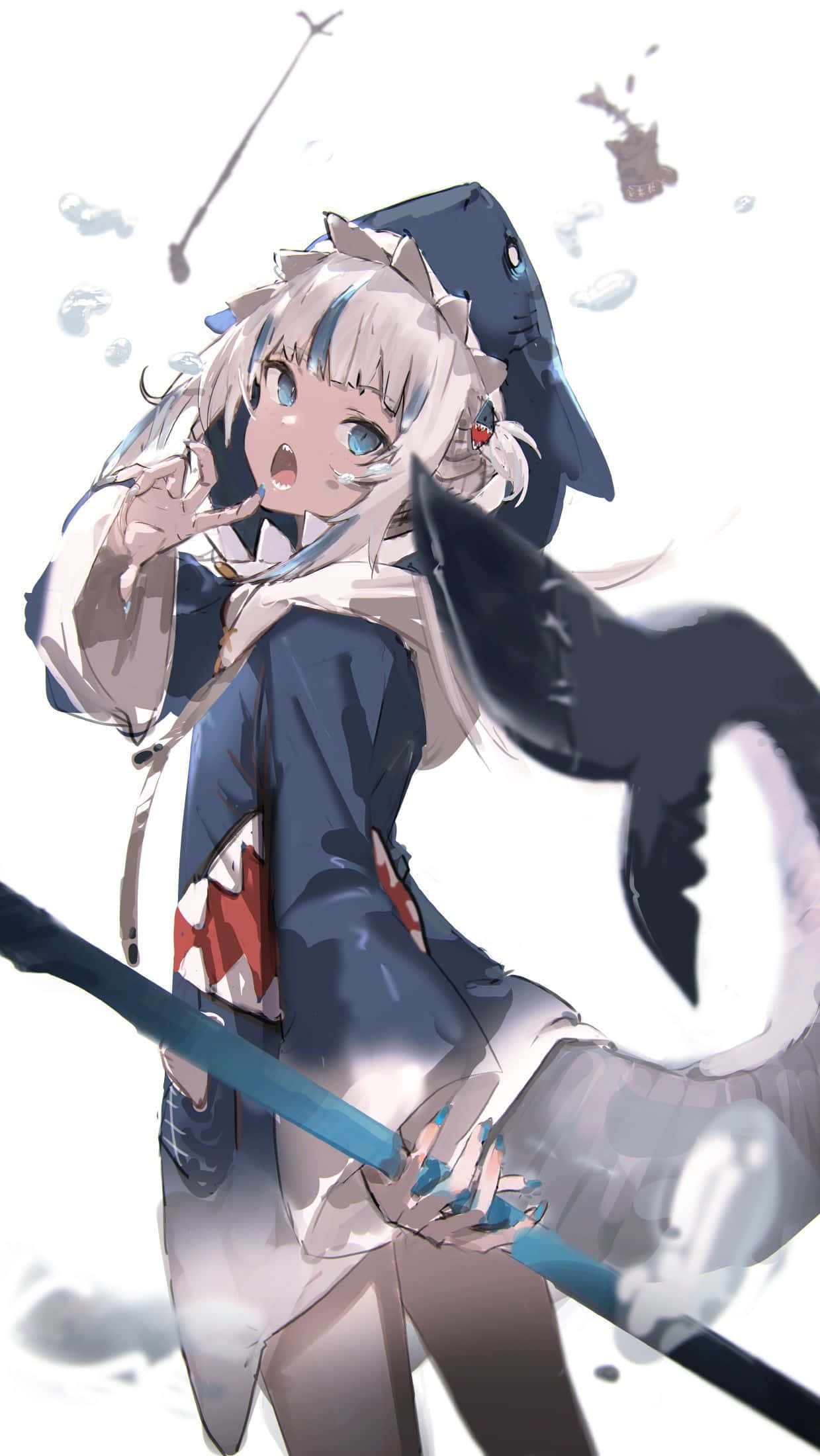 Gawr Gura, shark-themed attire, tail, Full HD Phone Wallpaper