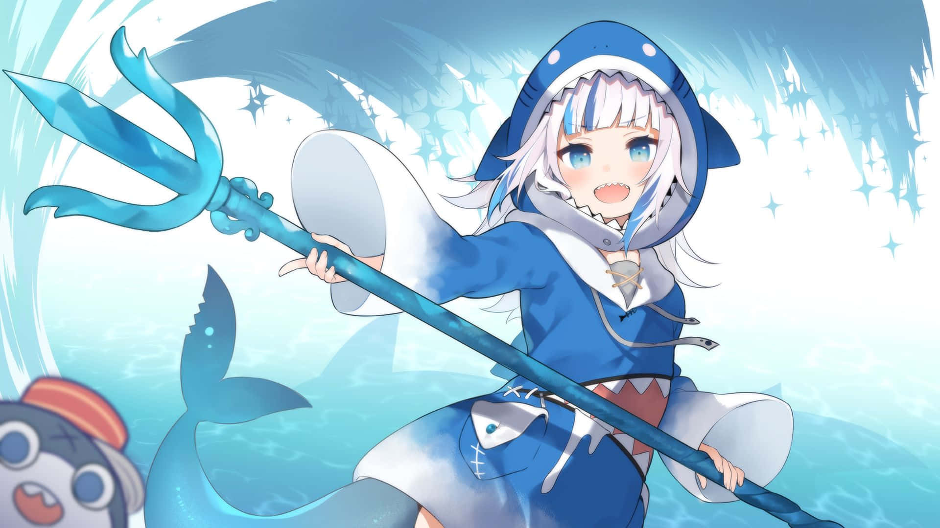 Gawr Gura, anime style, shark-themed hoodie, Full HD Desktop Wallpaper