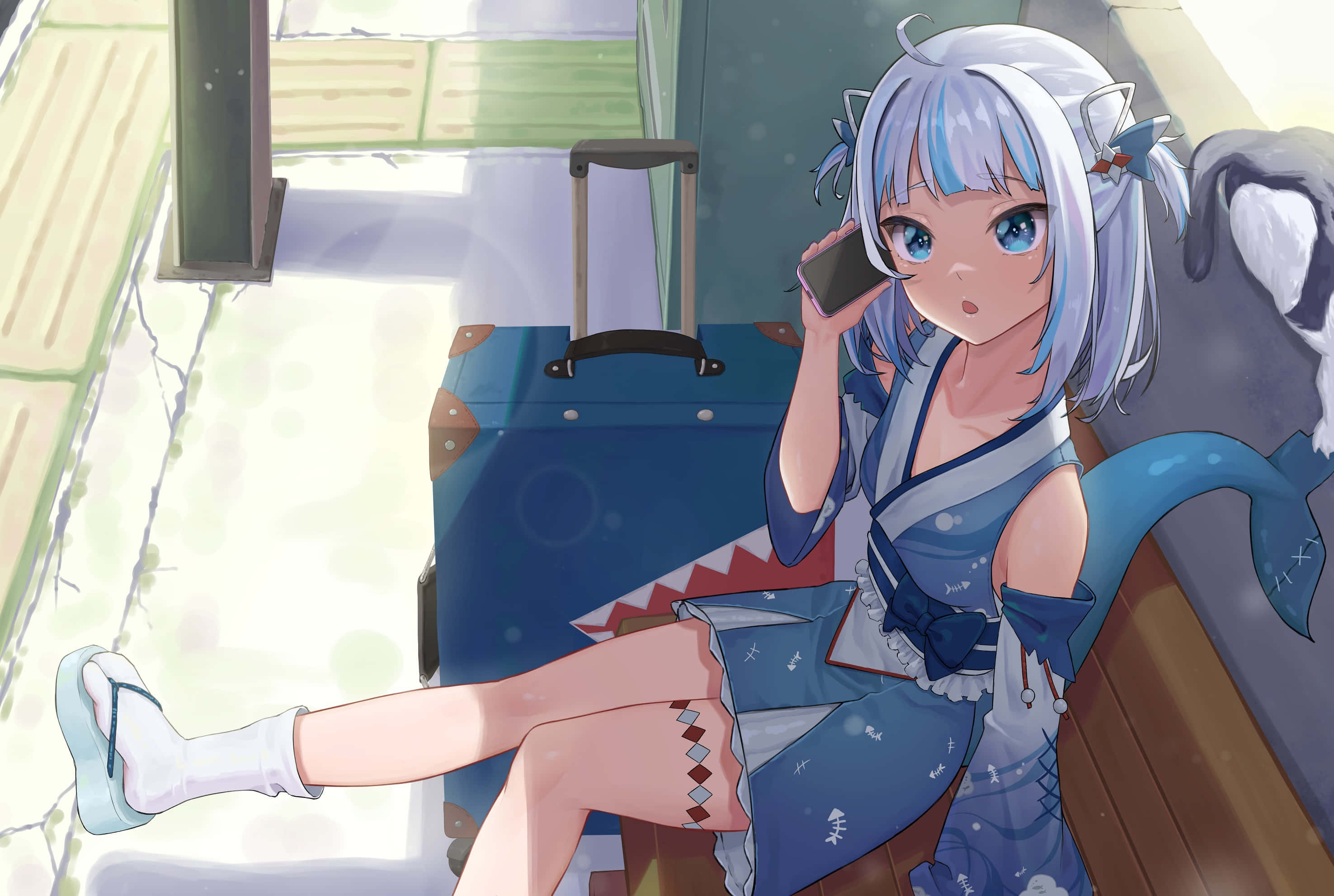 Gawr Gura, blue-haired anime girl, blue yukata, 2K Desktop Wallpaper
