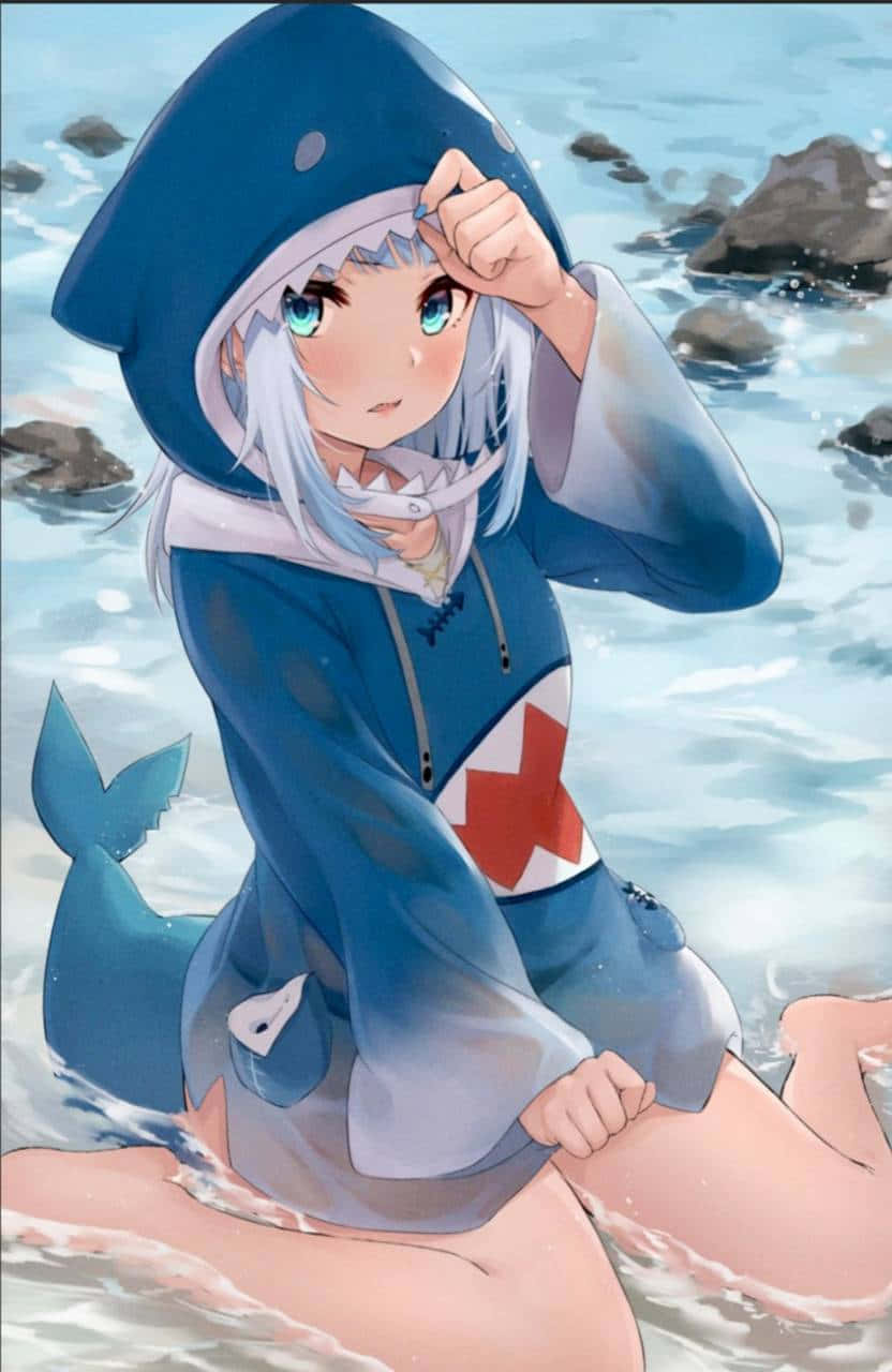 Gawr Gura, shark hoodie, beachside, HD Phone Wallpaper