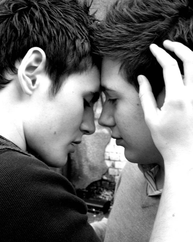 black and white, foreheads touching, one hand gently resting on the other's head, SD Phone Wallpaper