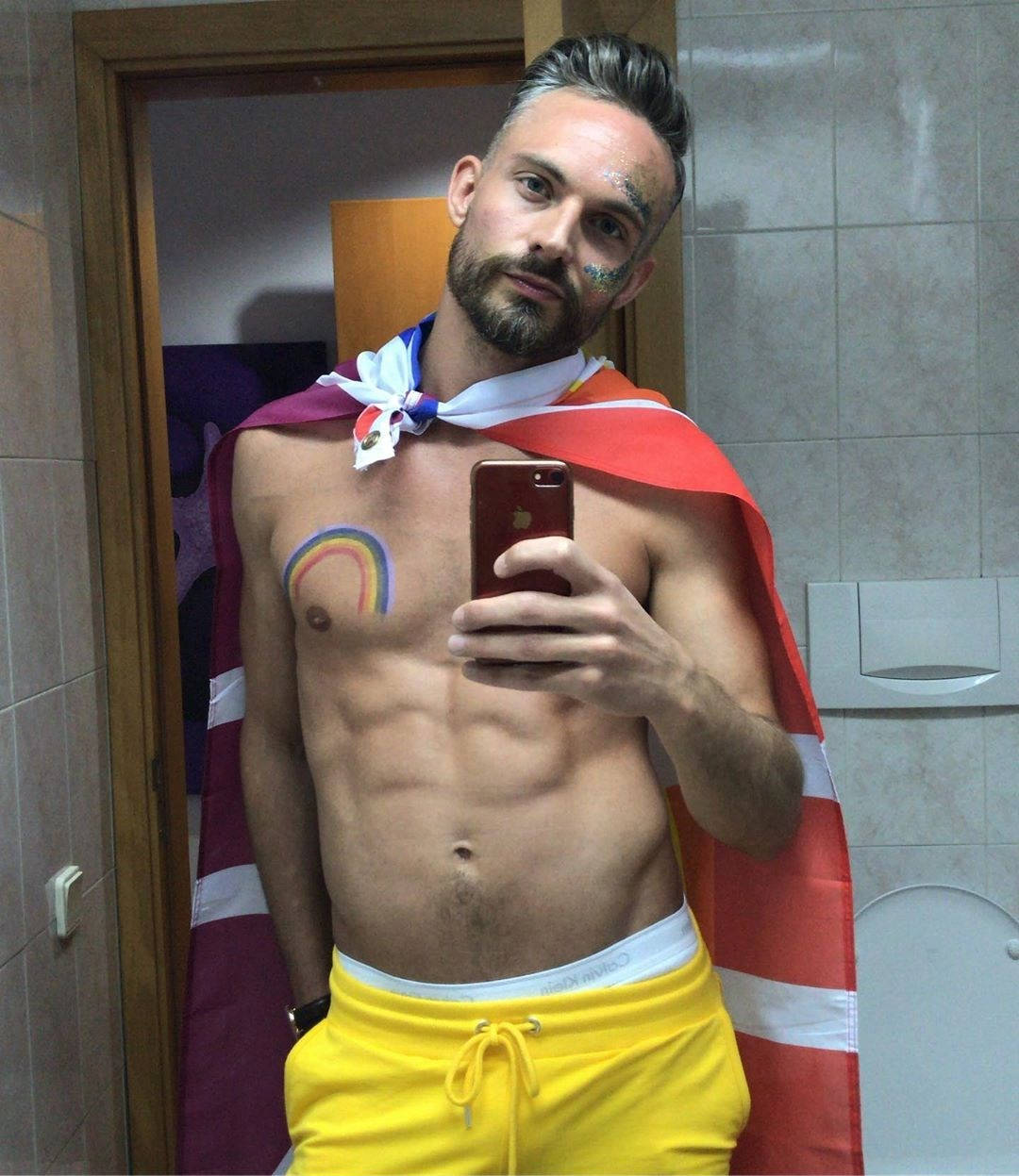 Gay Boy, rainbow tattoo, flag cape, SD Phone Wallpaper