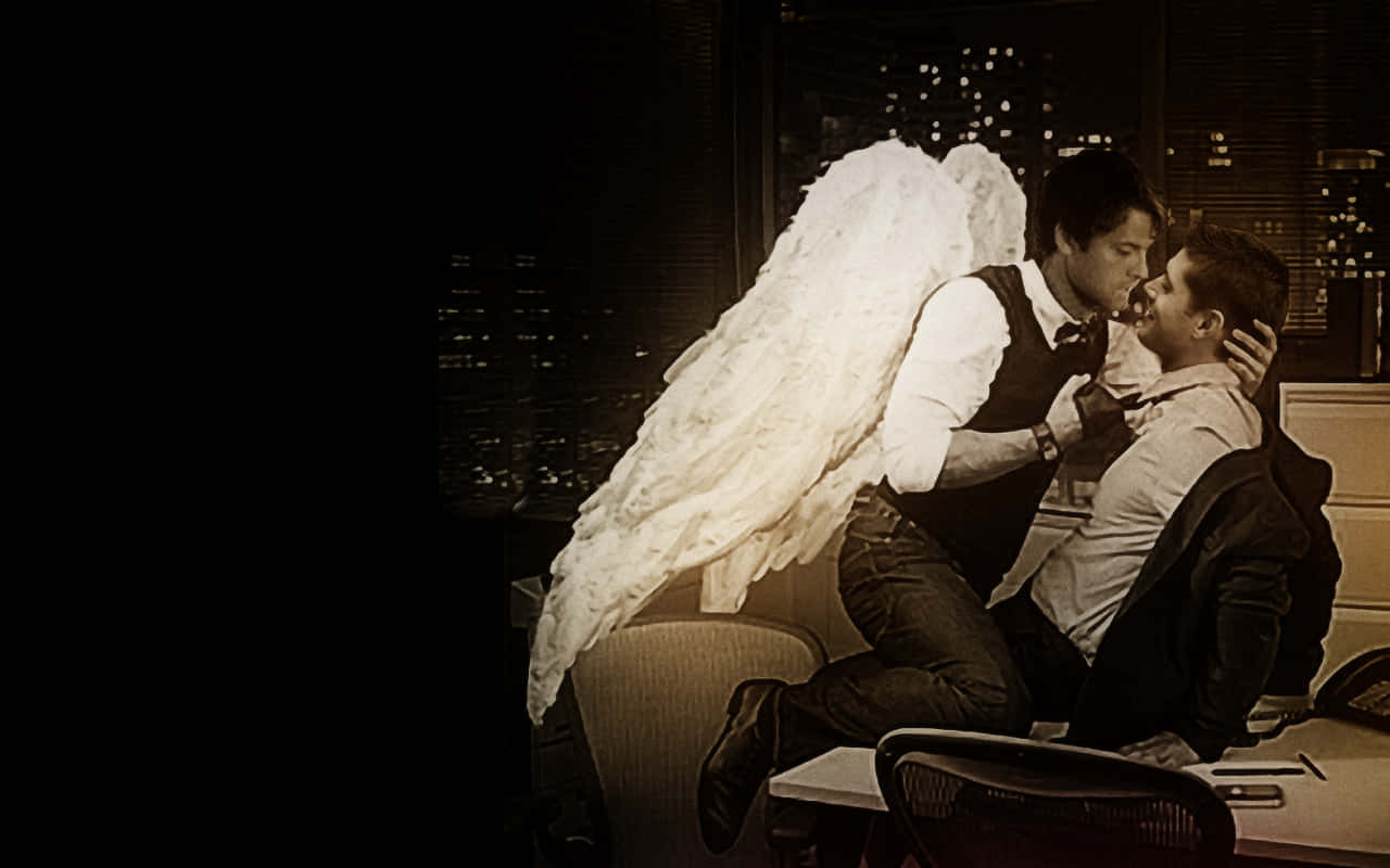 angel wings, dimly lit office, night, HD Desktop Wallpaper