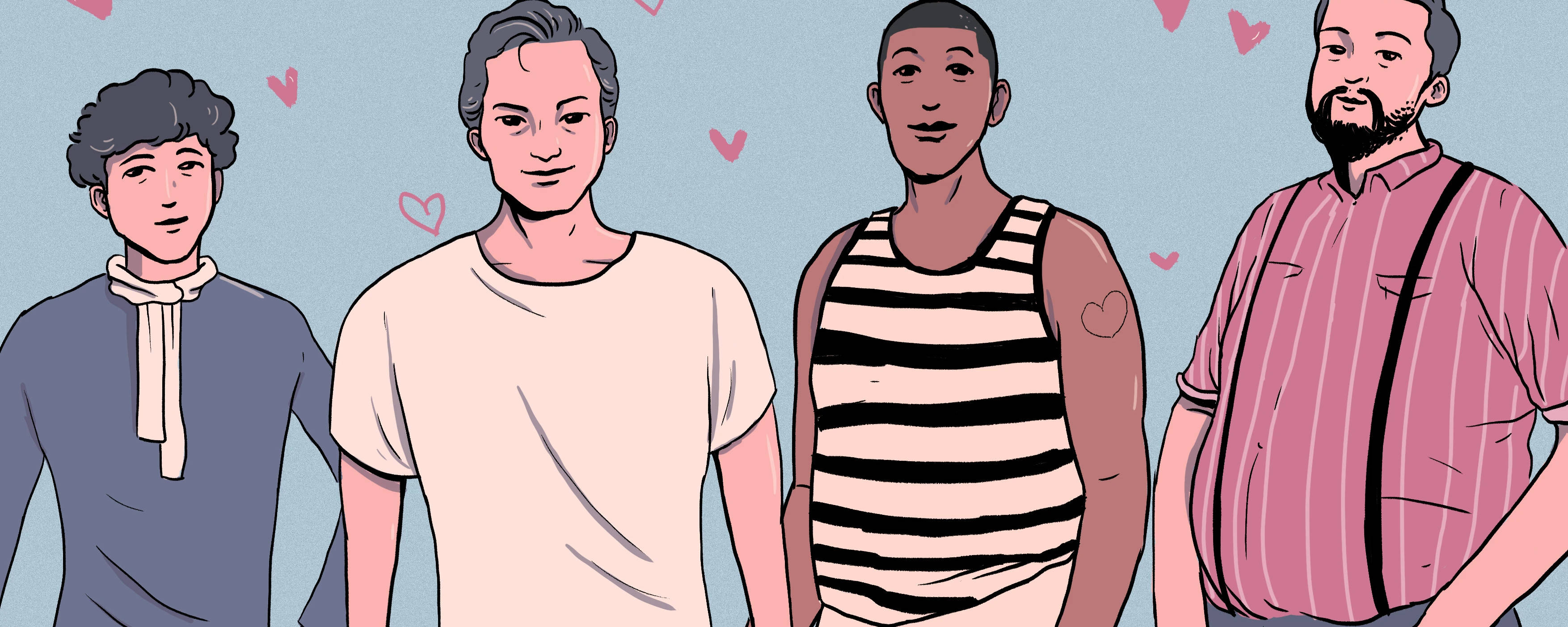 light blue background, floating pink hearts, four diverse men, 2K Desktop Wallpaper