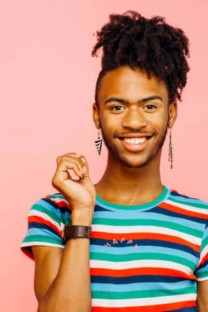 smiling guy with earrings, curly hair, colorful striped shirt, SD Phone Wallpaper