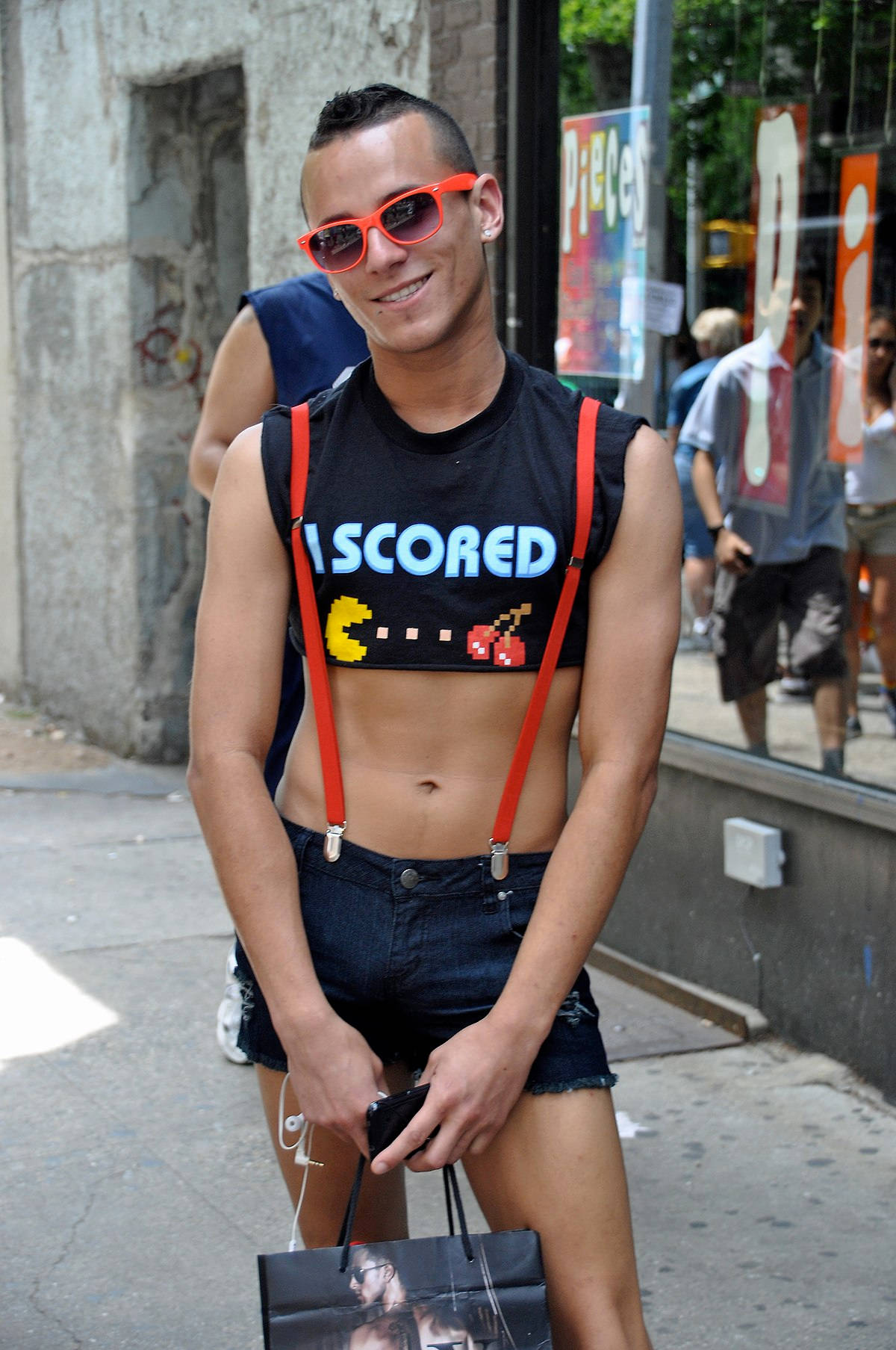 Pac-Man themed crop top, bright red sunglasses, sunlit city sidewalk, HD Phone Wallpaper