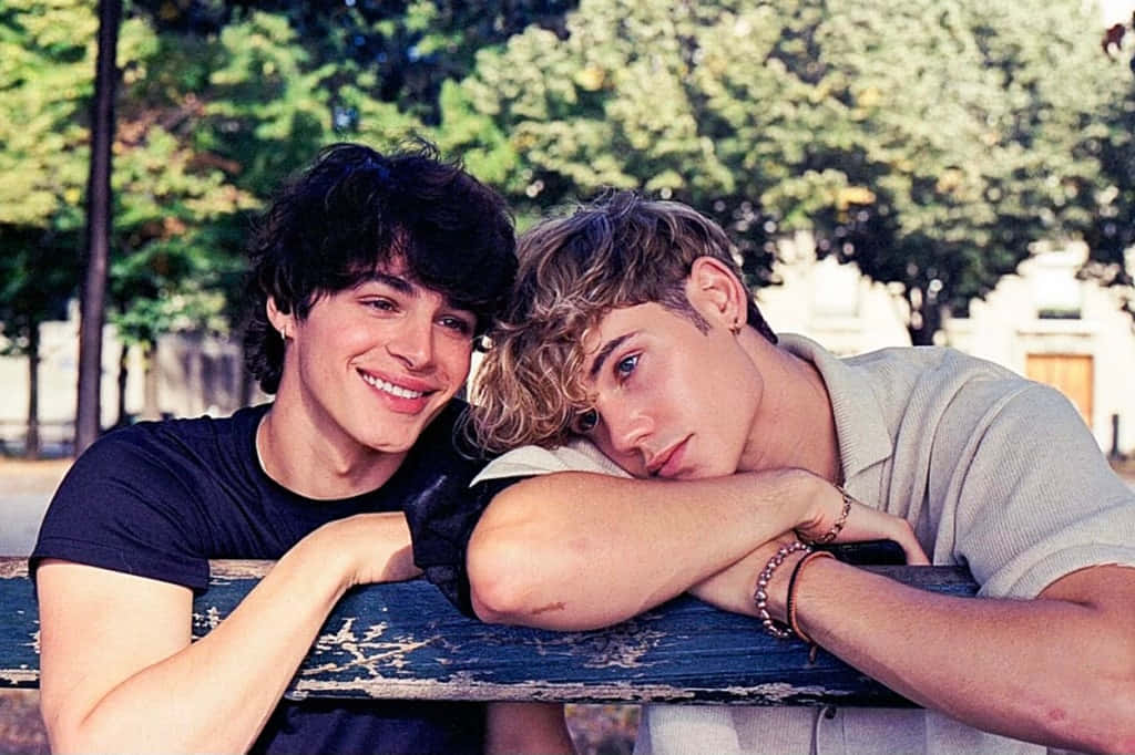 Gay Boys, weathered blue bench, sunlit park, SD Desktop Wallpaper