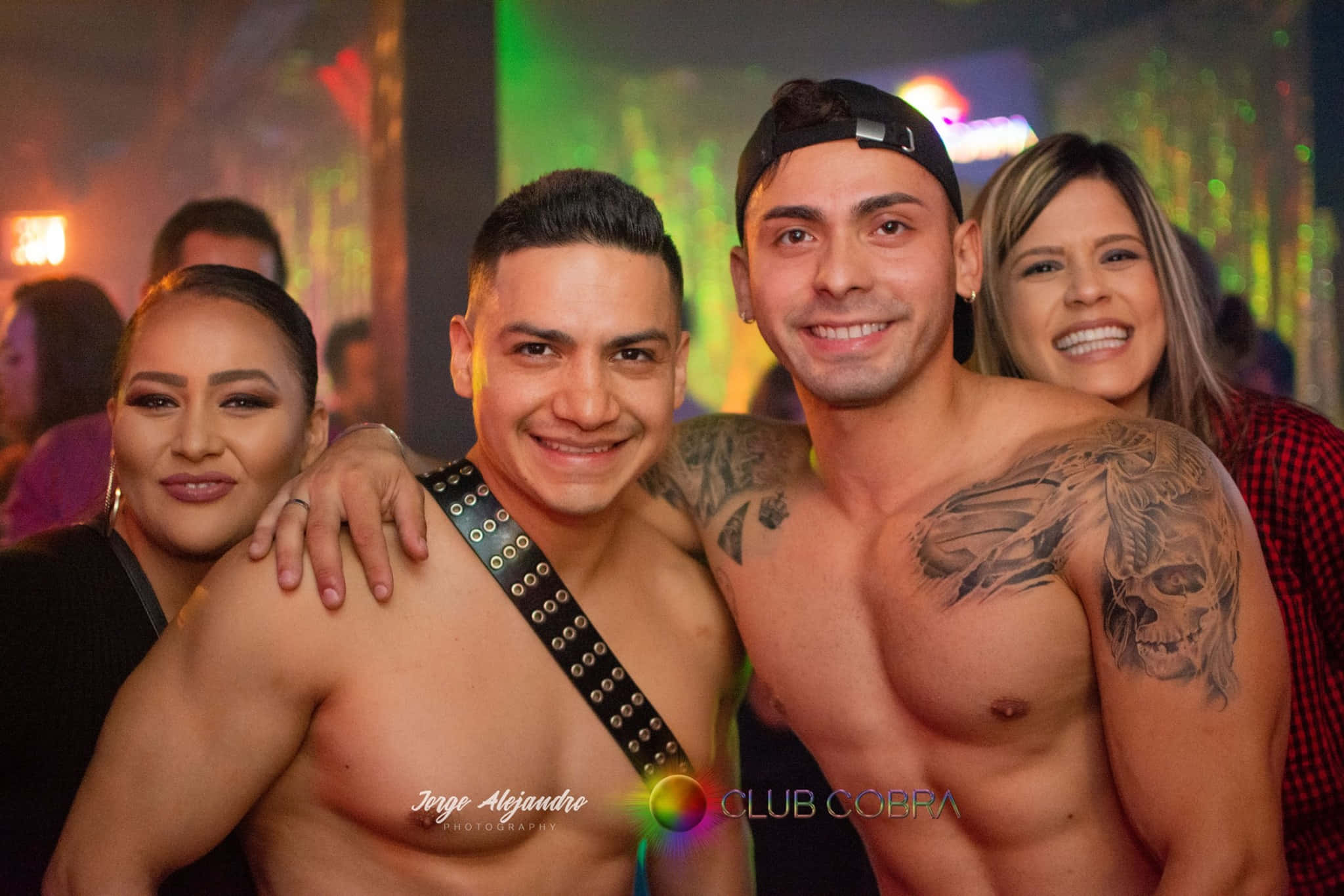 neon-lit nightclub, tattoos, colorful lights, Full HD Desktop Wallpaper