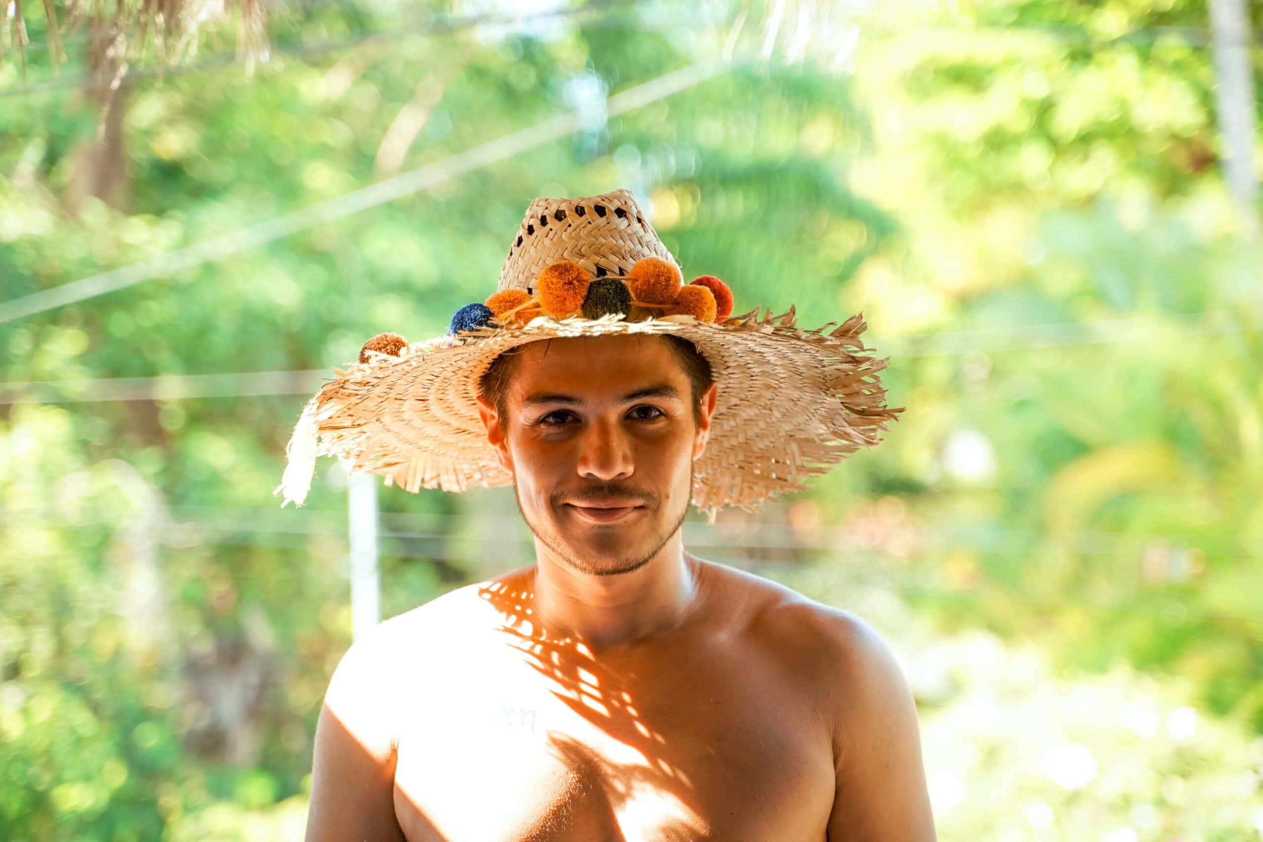 straw hat, colorful pom-poms, sunlit tropical garden, 2K Desktop Wallpaper