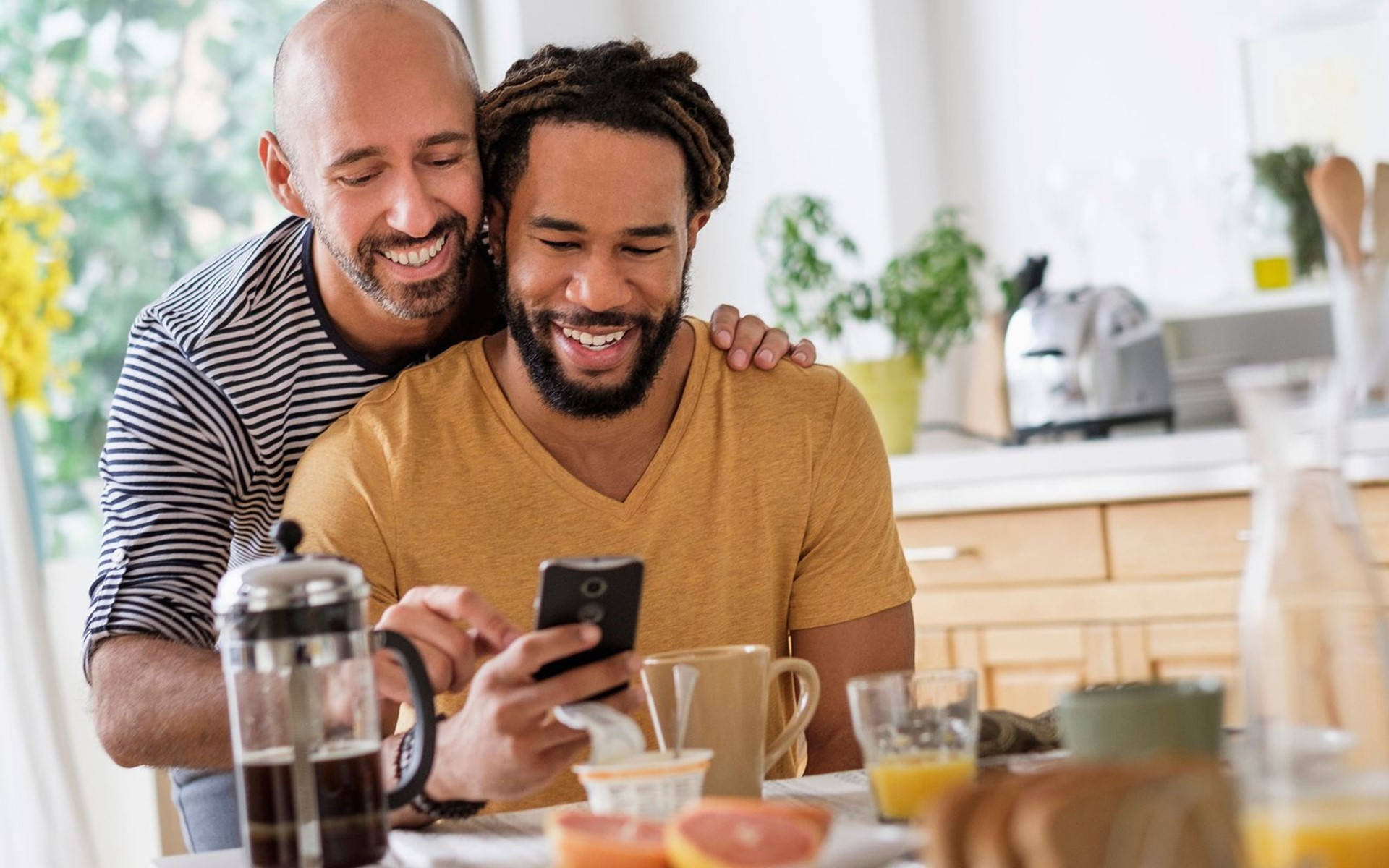 breakfast, bright kitchen, phone, Full HD Desktop Wallpaper