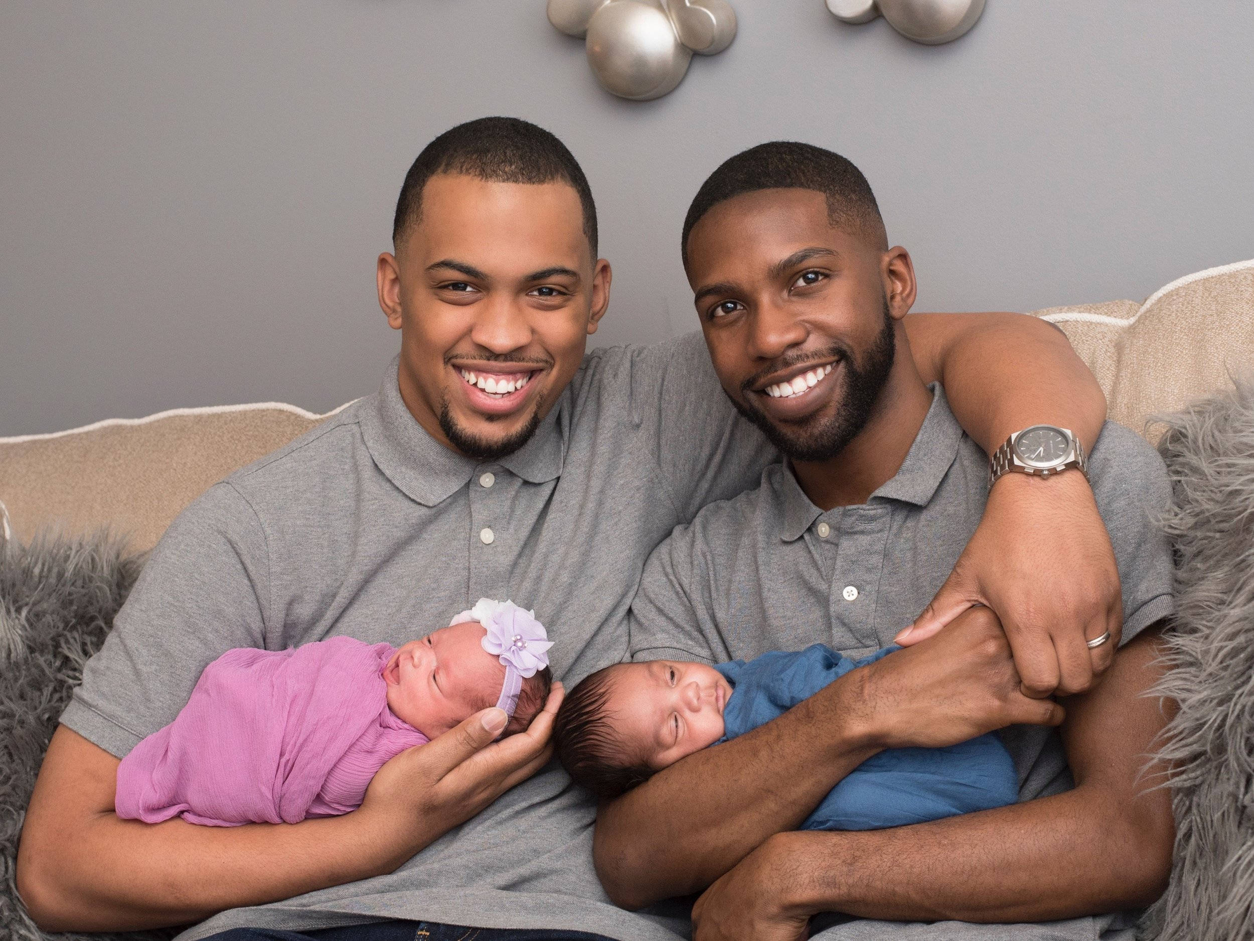 gray shirts, newborn babies, pink and blue wrapping, Full HD Desktop Wallpaper