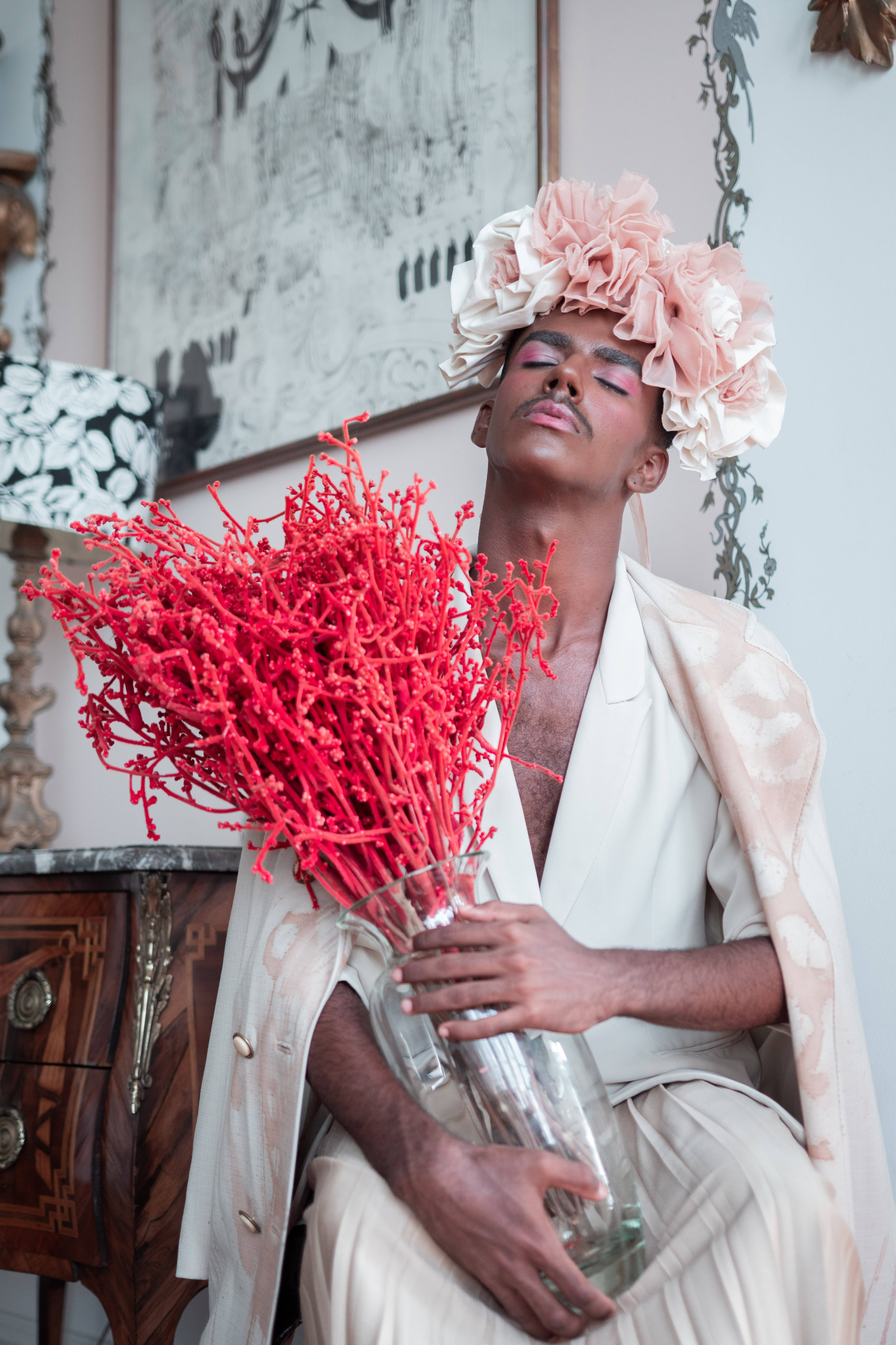 floral crown, vibrant red branch arrangement, vintage room, 5K Phone Wallpaper