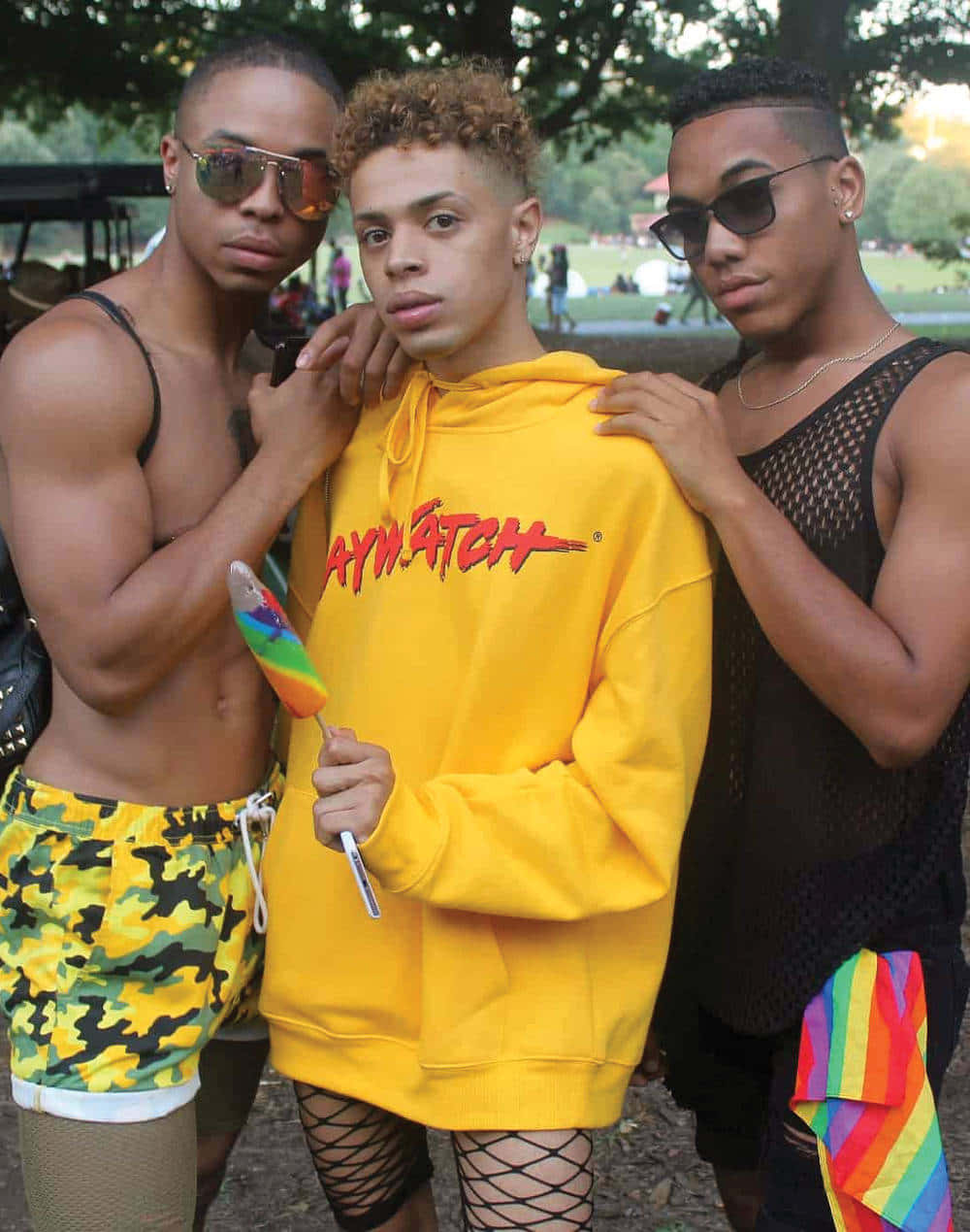 bright yellow hoodie, rainbow lollipop, bold outfits, SD Phone Wallpaper