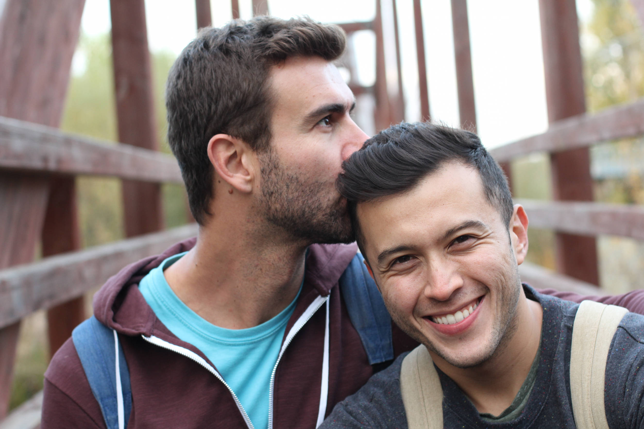 wooden bridge, outdoors, smiling men, Full HD Desktop Wallpaper
