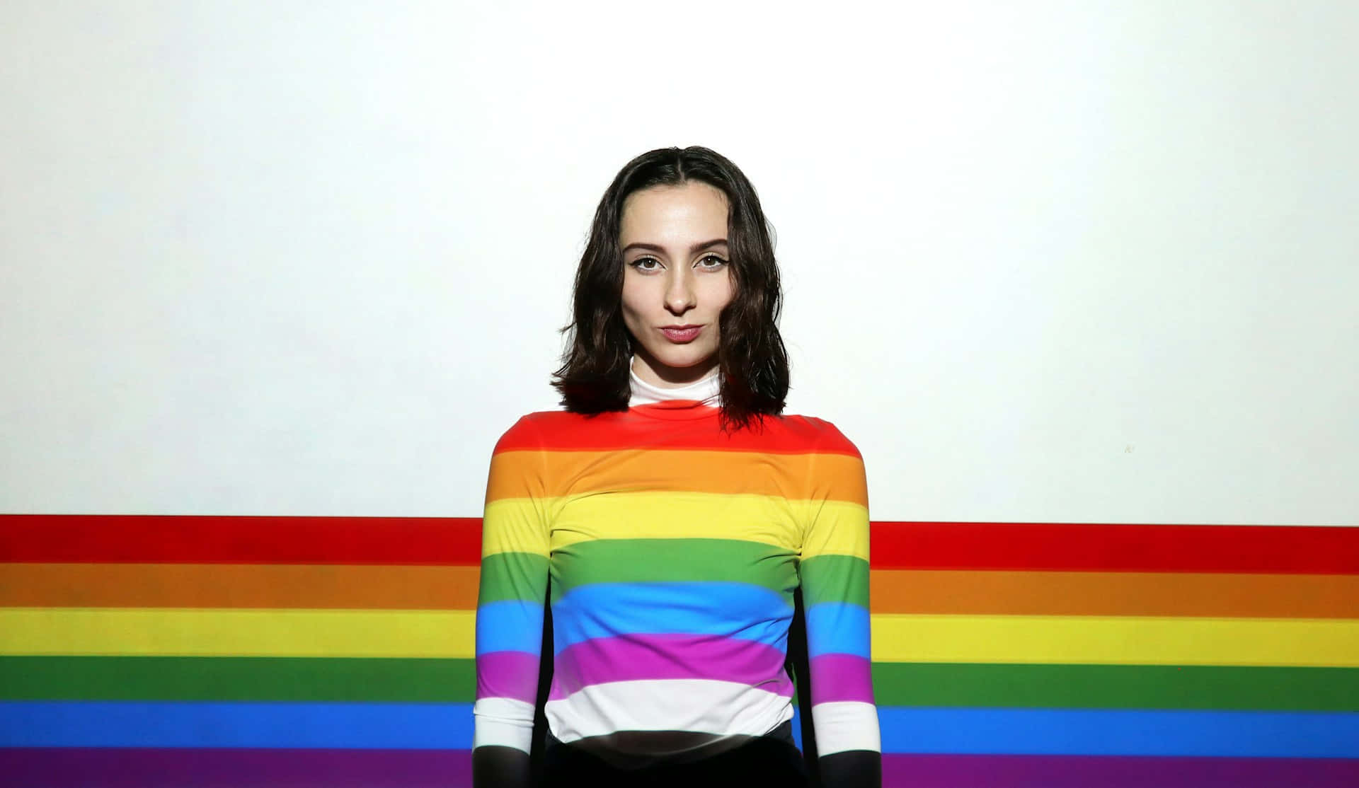 rainbow striped shirt, rainbow wall mural, woman, Full HD Desktop Wallpaper