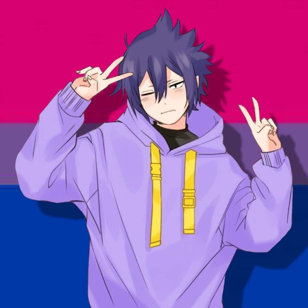 spiky-haired anime boy, purple hoodie with yellow drawstrings, peace sign, SD Desktop Wallpaper