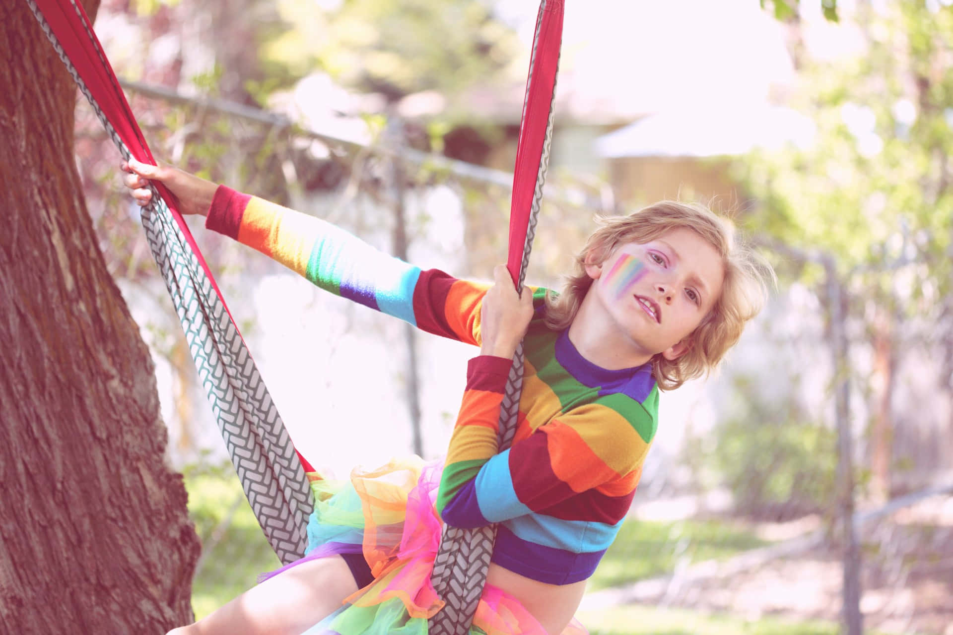 rainbow face paint, rainbow shirt, red aerial silk, Full HD Desktop Wallpaper